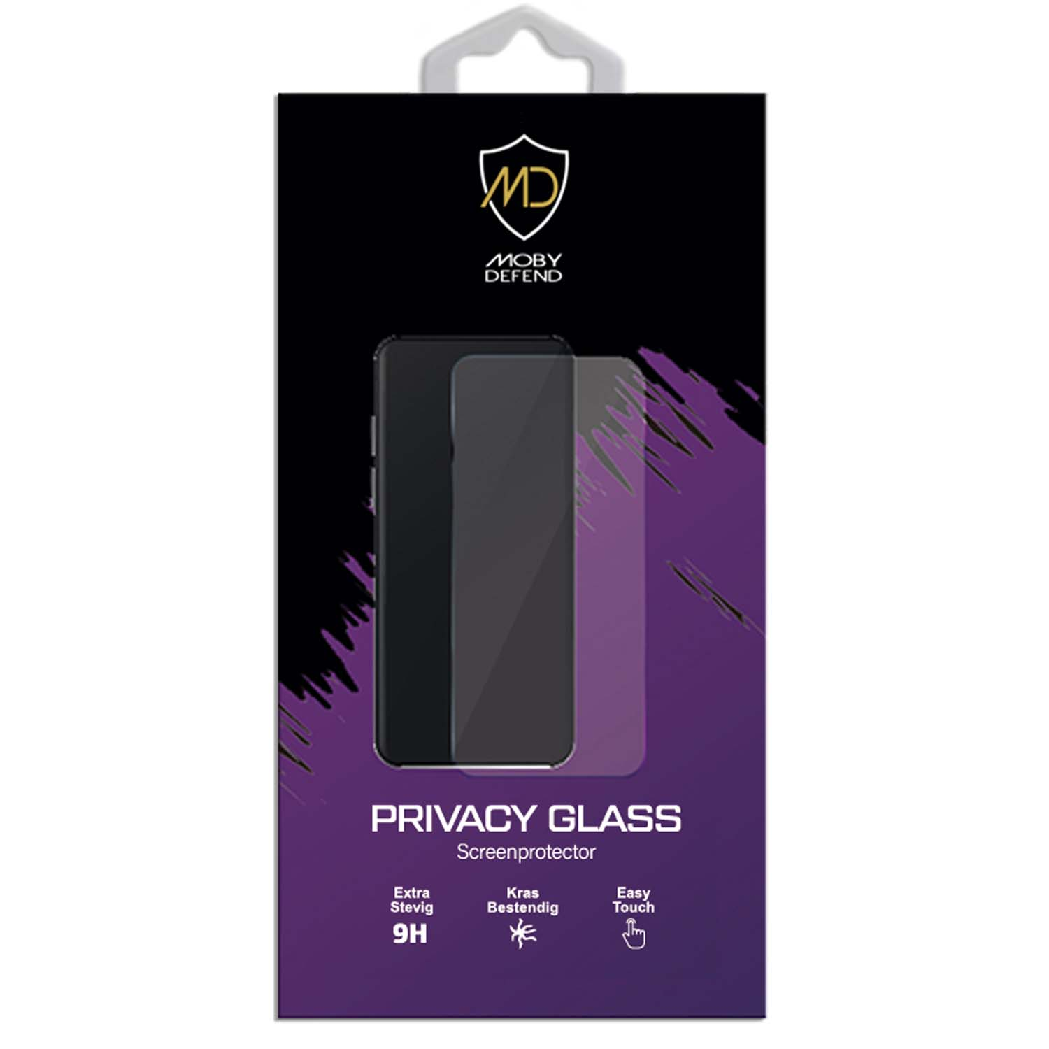 Verpakking voor een schermbeschermer voor telefoons met een merklogo en productdetails. De beschermer lijkt donker.