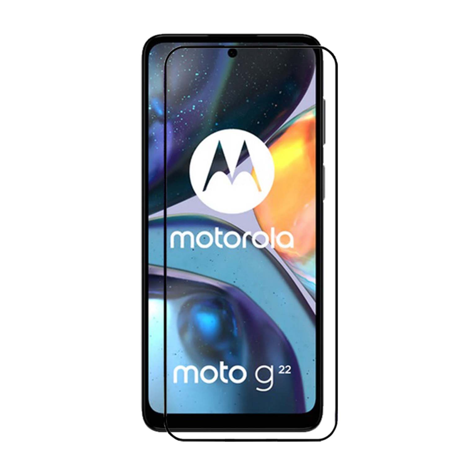 Téléphone Motorola avec protecteur d'écran, affichant le logo et un fond coloré.
