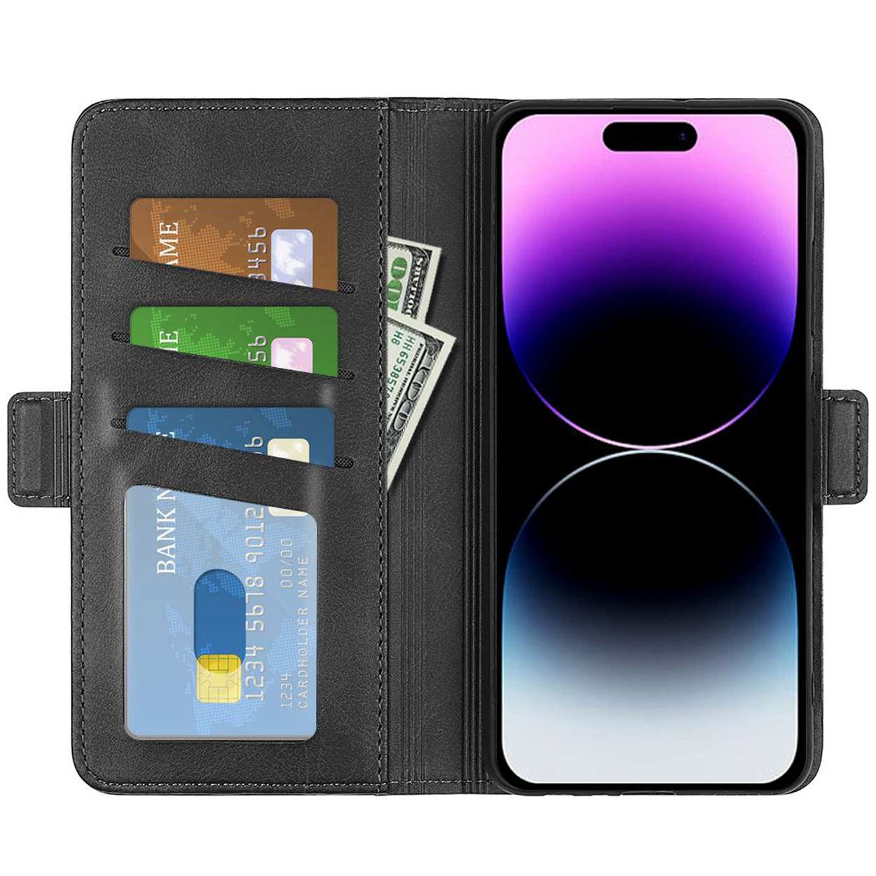 Zwarte telefoonhoes met kaarten en geld. Kaarten in sleuven, geld zichtbaar. Telefoonscherm toont een verloop.
