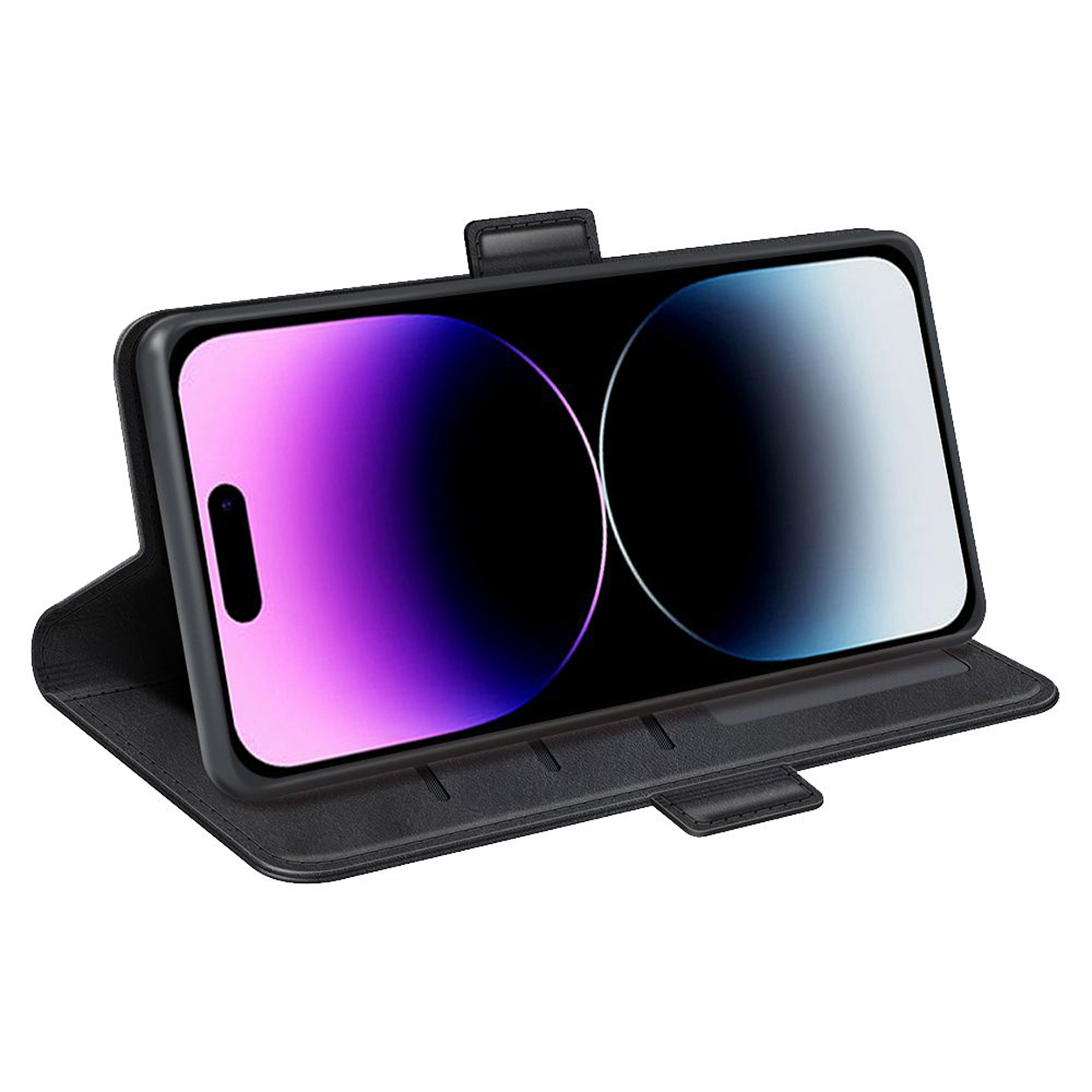 Zwarte telefoonhoes met telefoon erin. Telefoon heeft een kleurrijk scherm met notch.