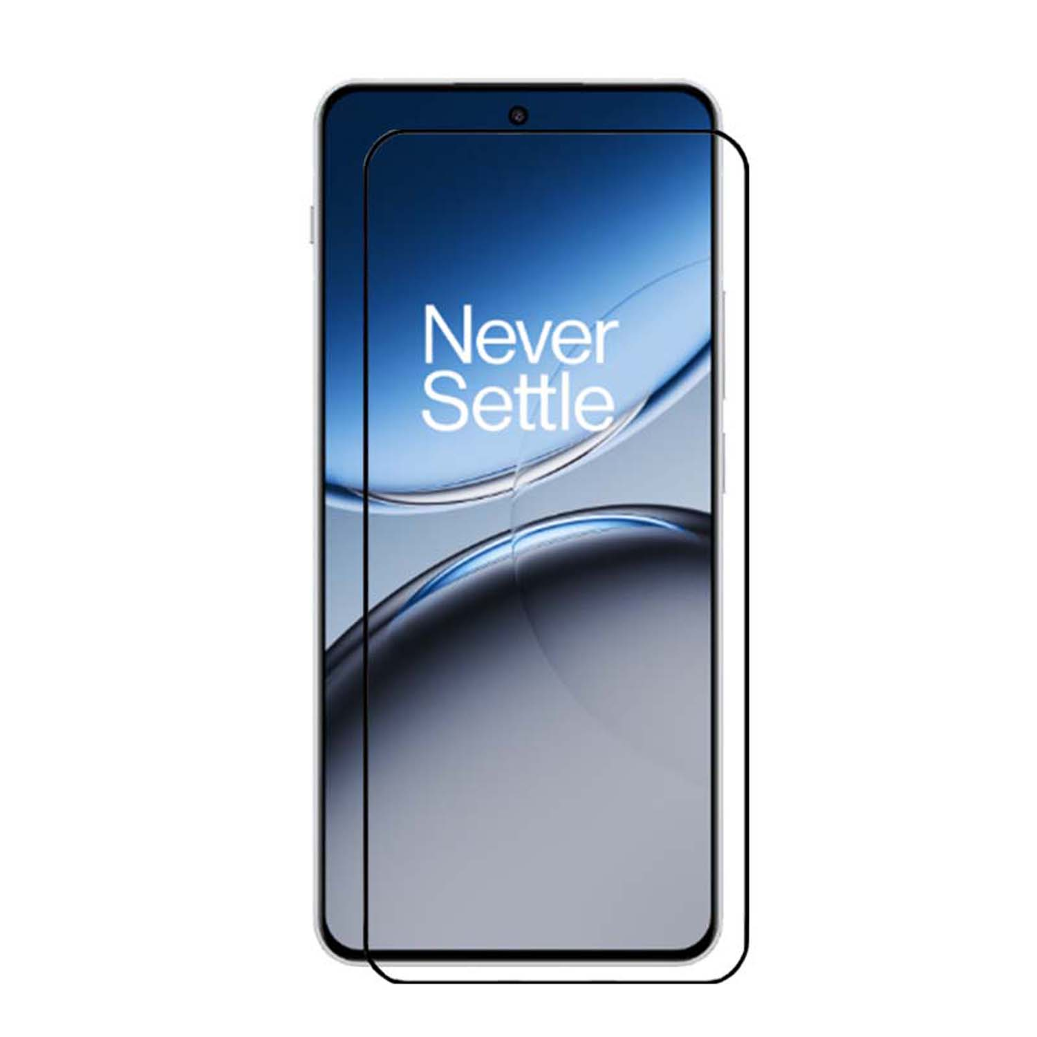 Een smartphone met een schermbeschermer. Het scherm heeft een gradiëntontwerp met de tekst 'Never Settle'. Witte achtergrond.