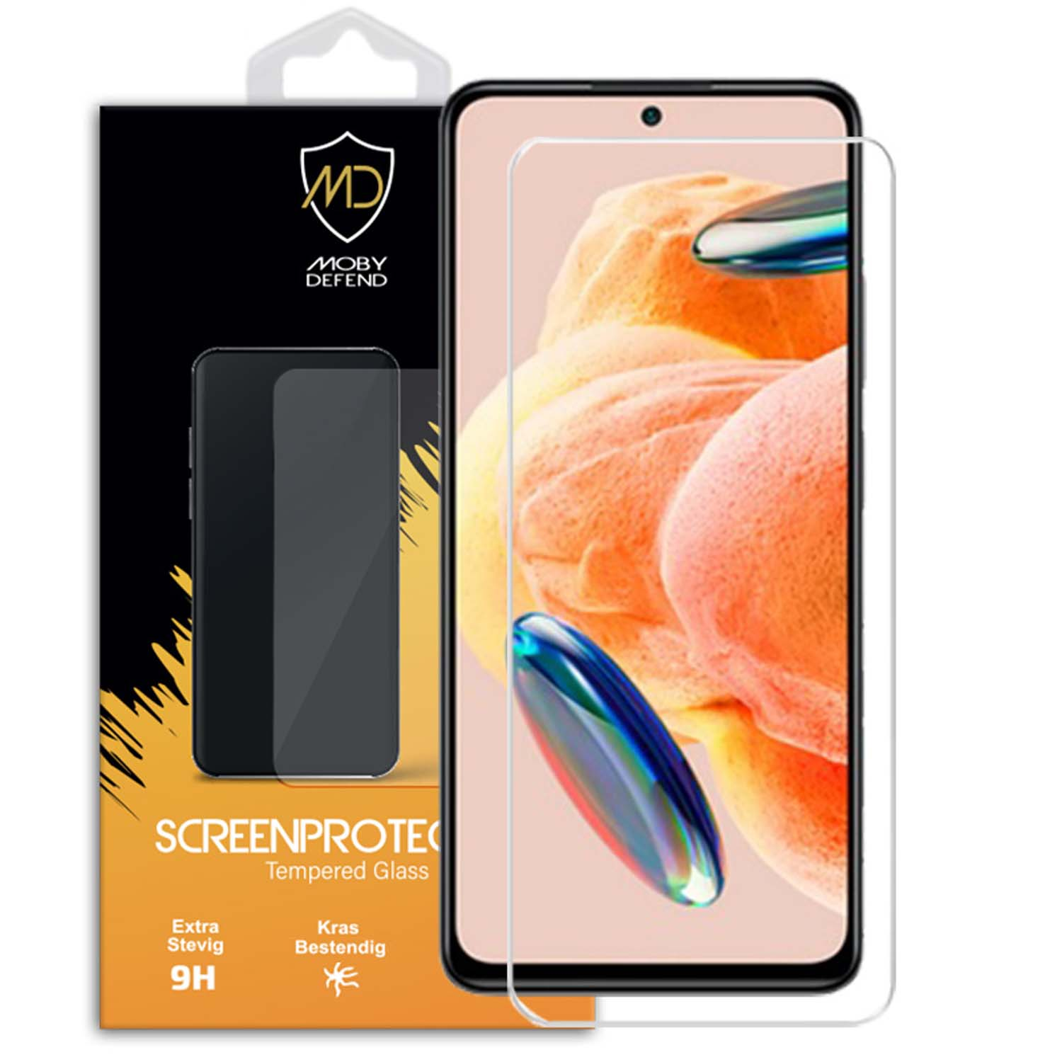 Een telefoon met een schermbeschermer. Het scherm toont een wallpaper. De verpakking zegt Screenprotector.