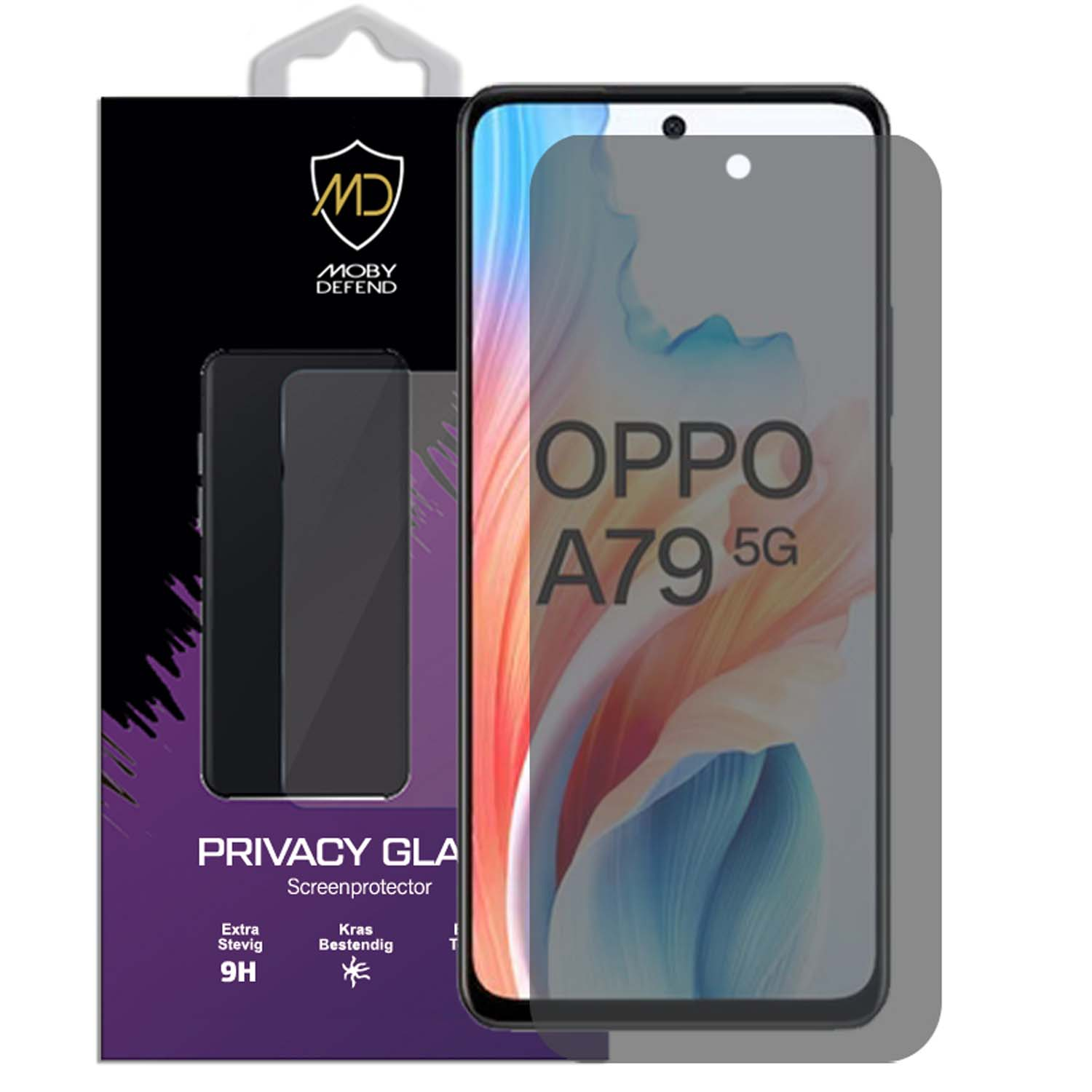 Doos met privacy-schermbeschermer. Telefoon met beschermer aangebracht. Tekst op doos.