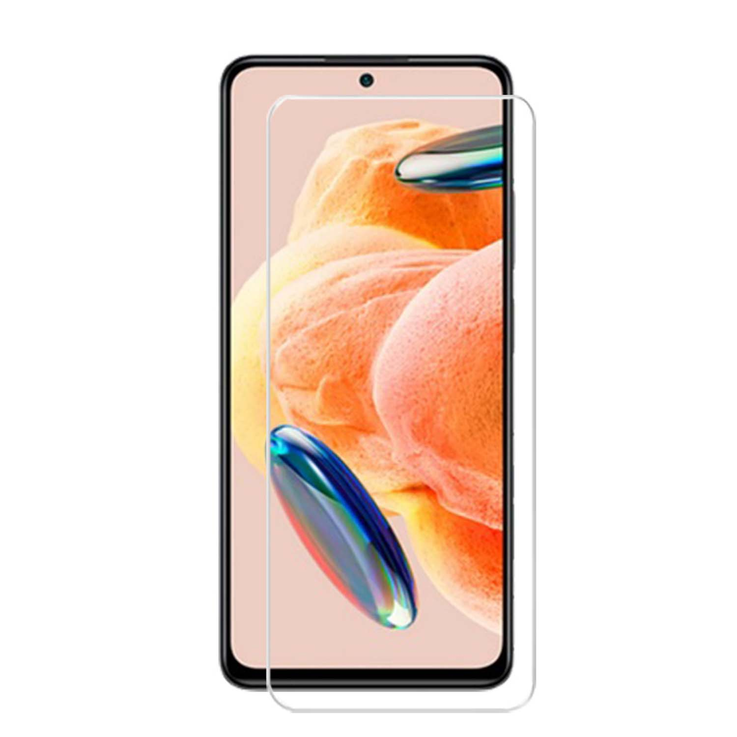 Telefoon met schermbeschermer, abstracte kleurrijke achtergrond, zwart frame.