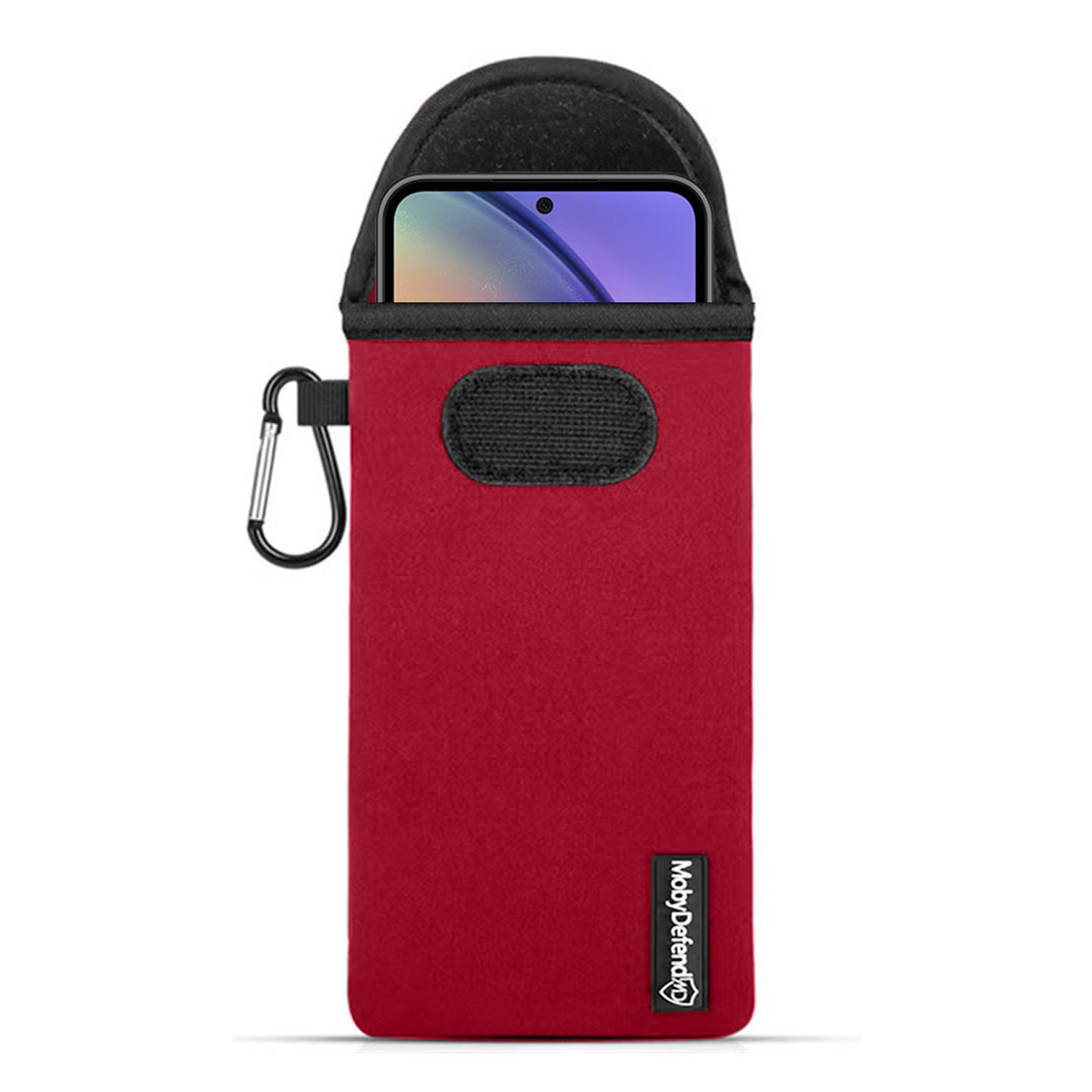 Pochette de téléphone rouge avec téléphone, mousqueton latéral.