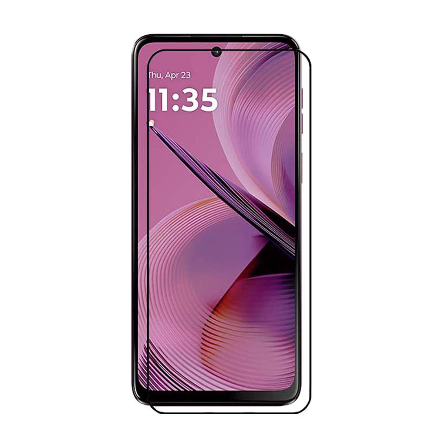 Telefoon met een schermbeschermer erop, die de tijd toont op een paarse achtergrond.