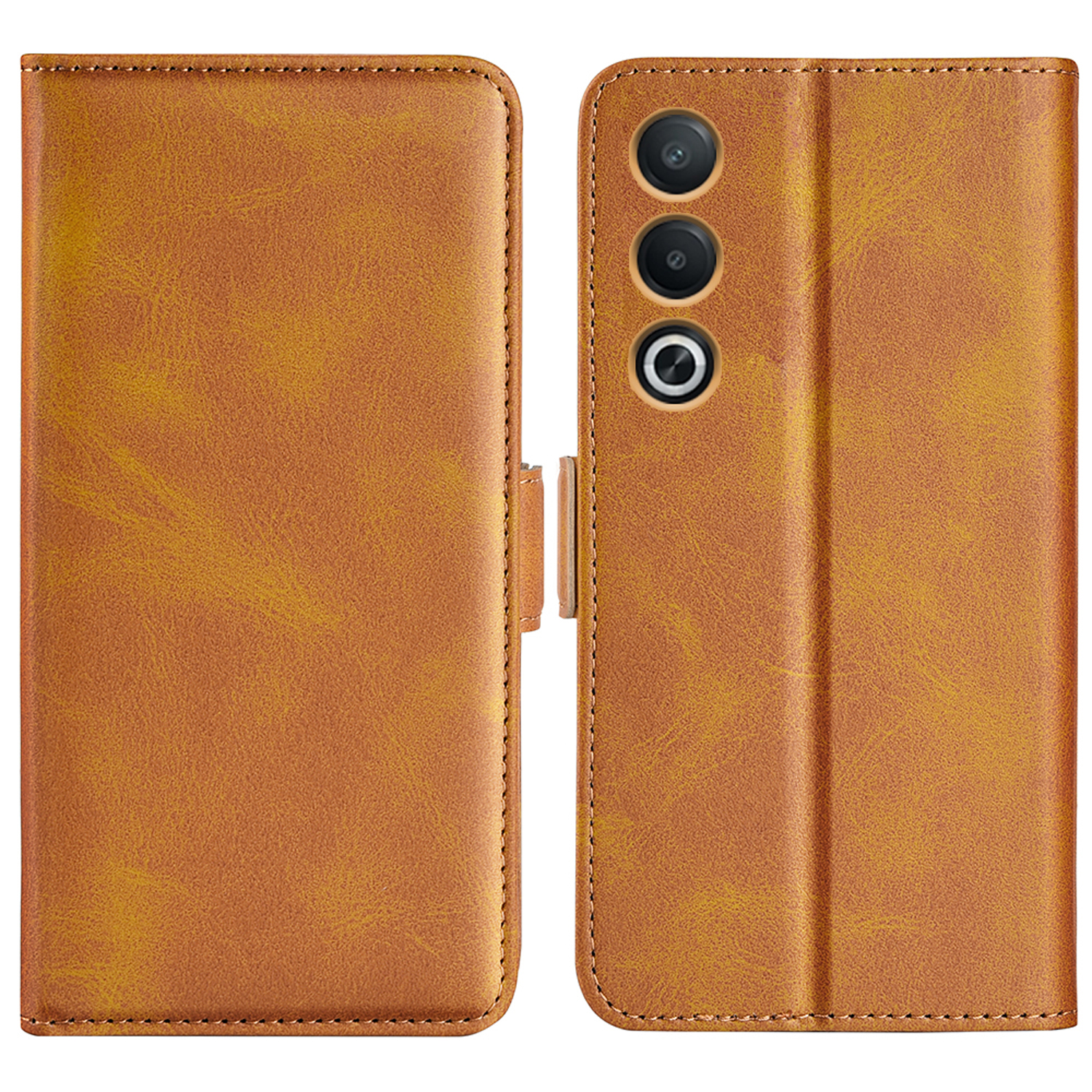 Un étui de téléphone en cuir marron. Ouvert, il révèle le téléphone et des emplacements pour cartes. Fermé, il a une fermeture magnétique.