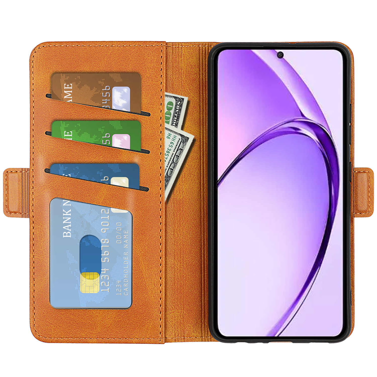 Étui de téléphone en cuir orange avec cartes et argent à l'intérieur. L'écran du téléphone est visible.