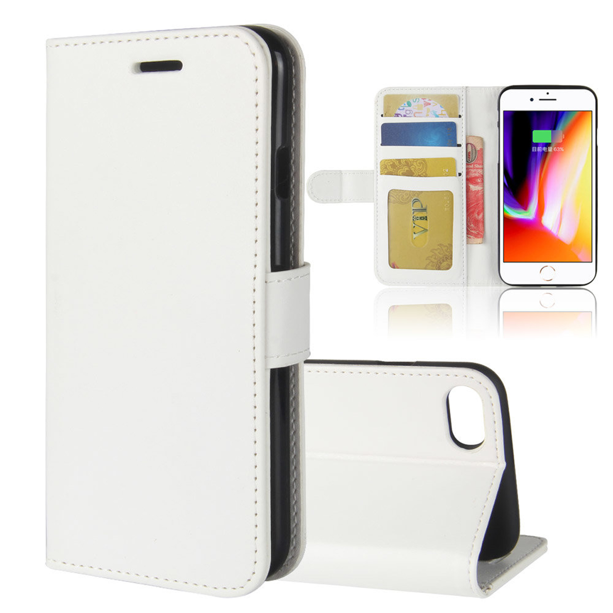 Witte leren telefoonhoes met kaarten en een telefoon. Hij is open. De telefoon toont de batterij.