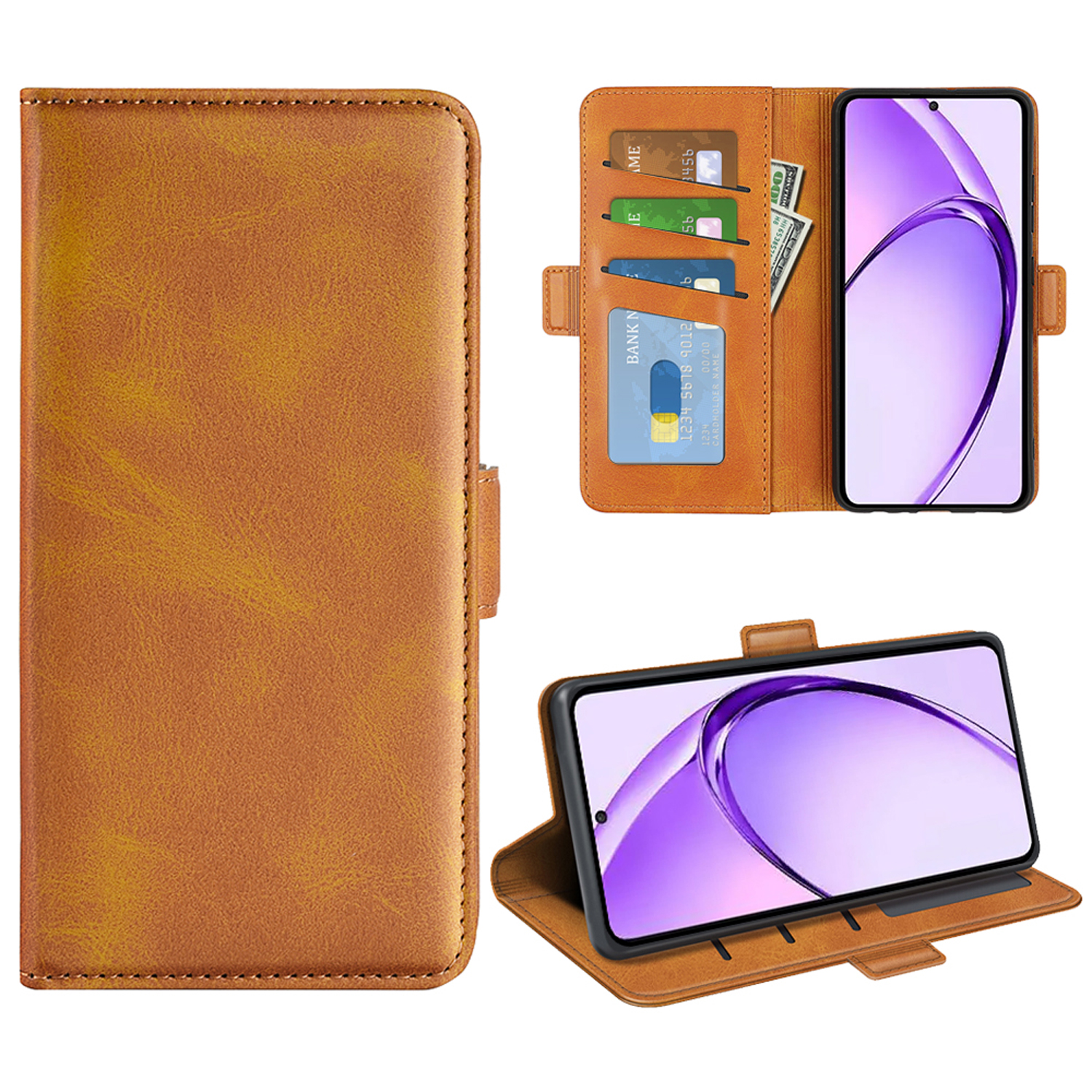 Étui de téléphone marron avec téléphone ouvert à l'intérieur. L'étui a des fentes pour cartes et de l'argent. Fond blanc.