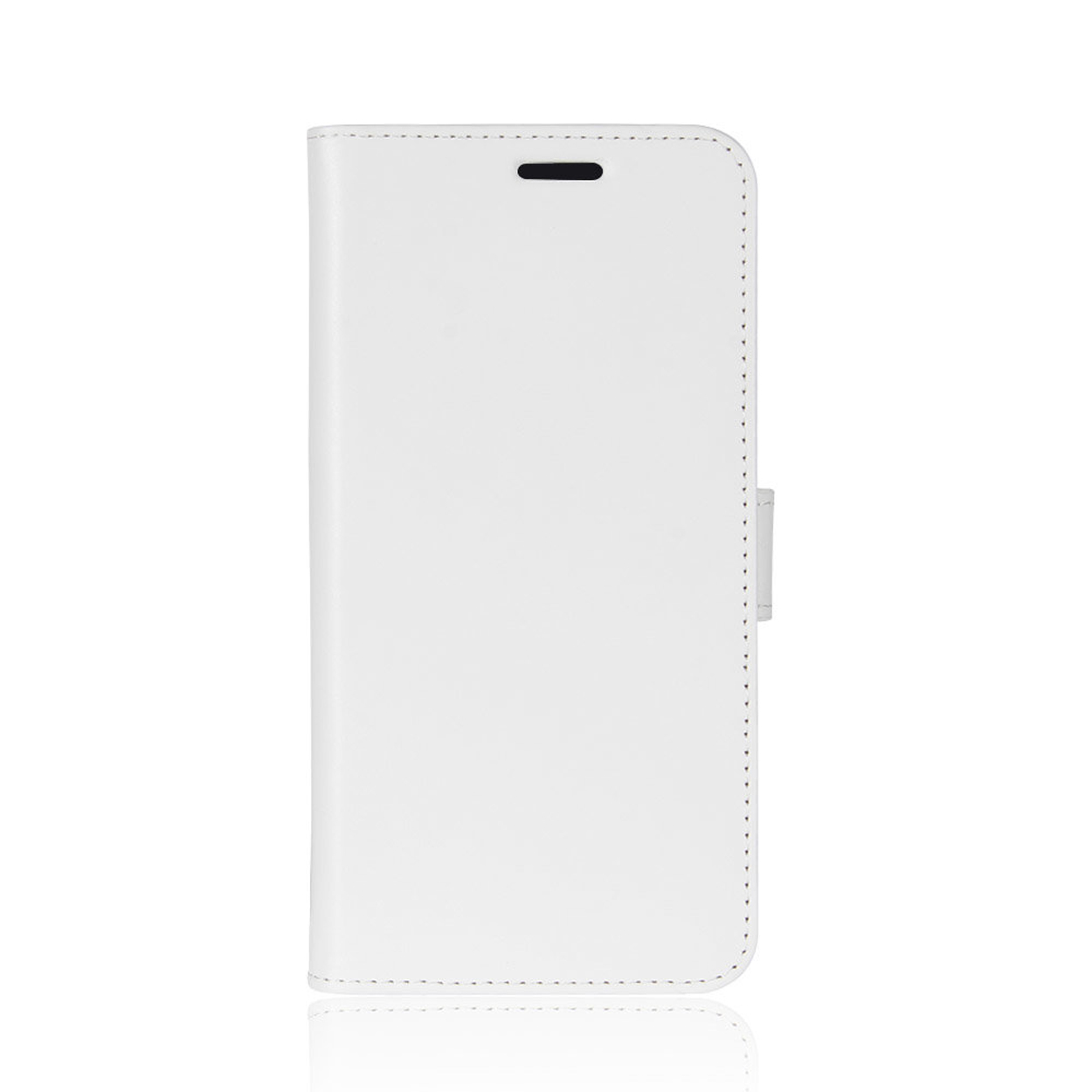 Witte telefoonhoes gesloten, met zichtbare stiksels aan de zijkant. De hoes is voor een telefoon.