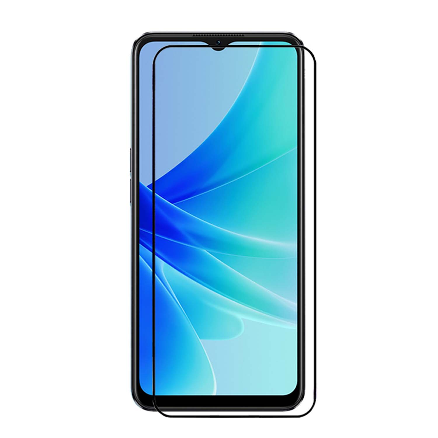 Phone with a screen protector. Phone is black with a blue background. The screen protector is on top.