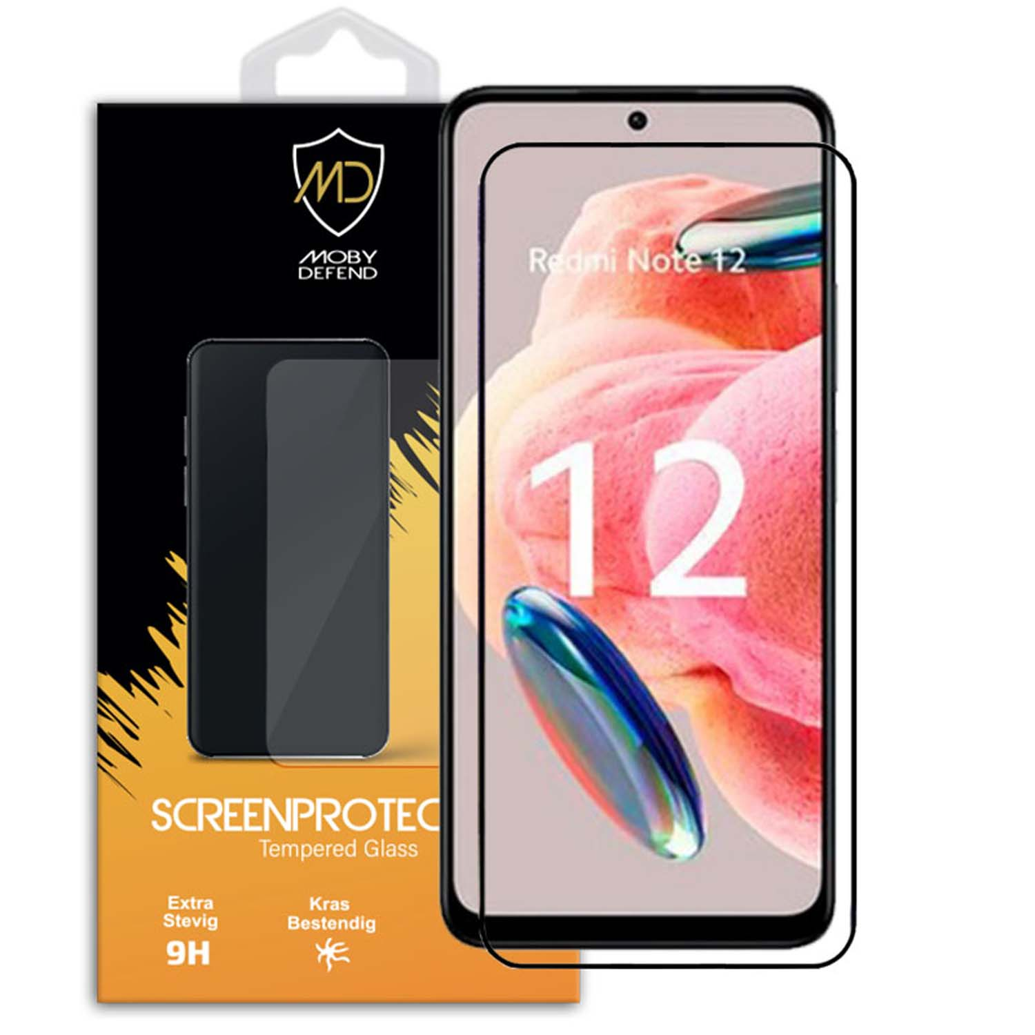 Protecteur d'écran dans sa boîte. L'écran du téléphone affiche le numéro 12 et un motif bleu.