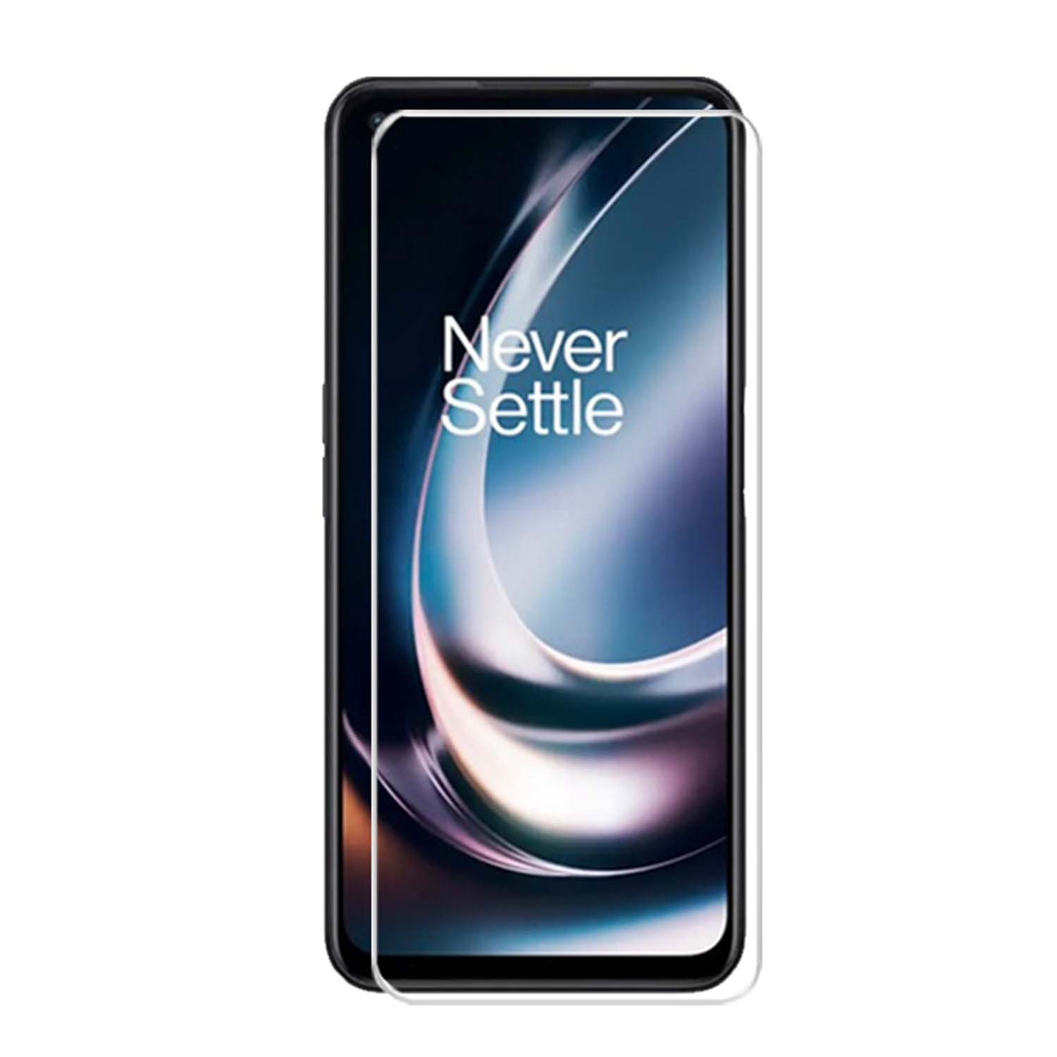 Telefoon met schermbeschermer, met een blauwe en witte achtergrond met tekst.