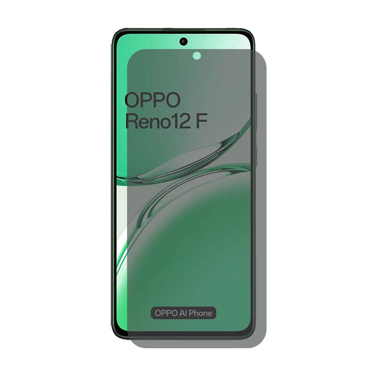 Phone with green screen protector, with the text 'OPPO Reno12 F', and 'OPPO AI Phone'.