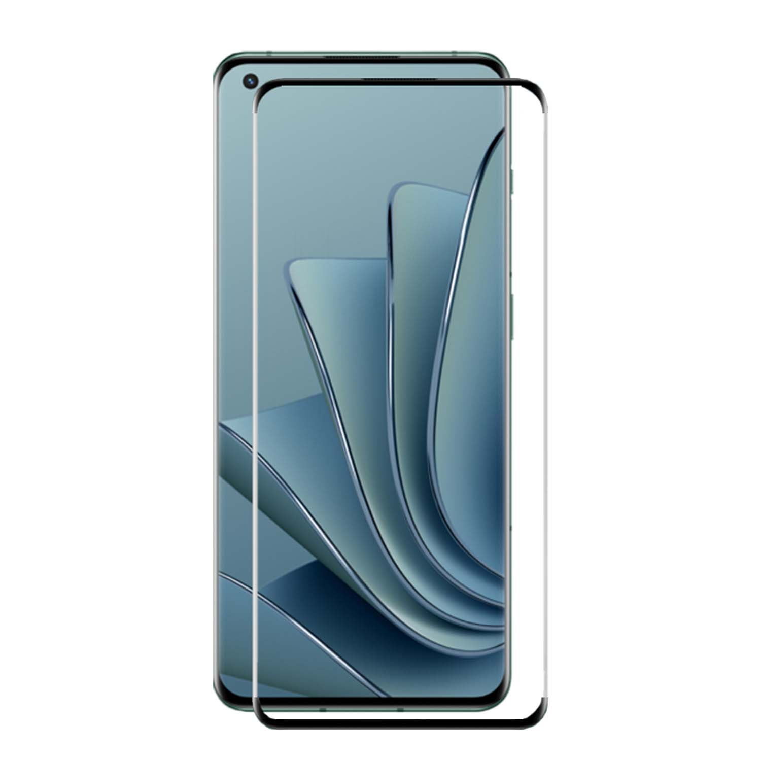 Un protecteur d'écran appliqué sur un téléphone. L'écran affiche une image artistique bleue et blanche.