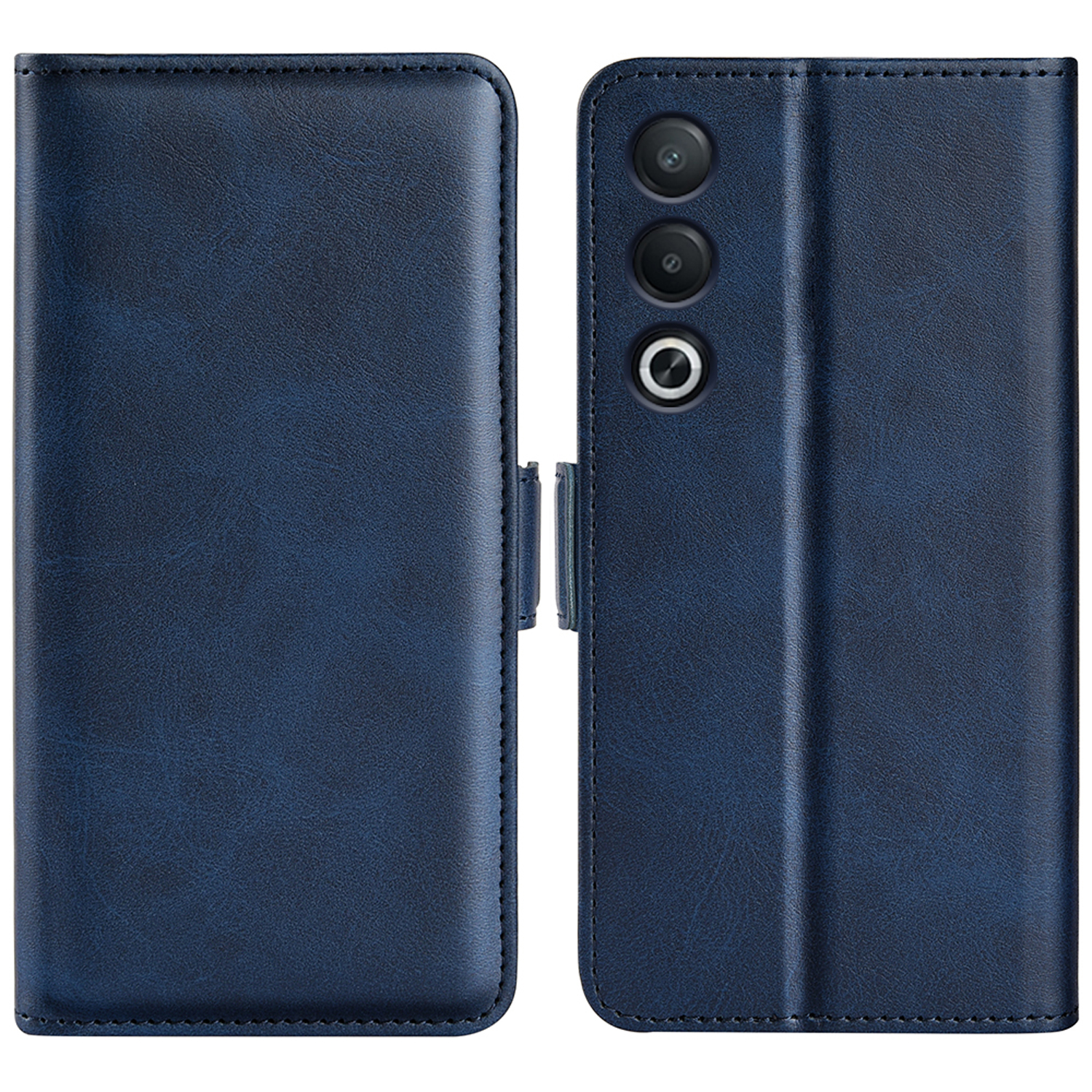 Blauwe leren telefoonhoes, open, met een telefoon met drie camera's. Een magnetische sluiting is zichtbaar.