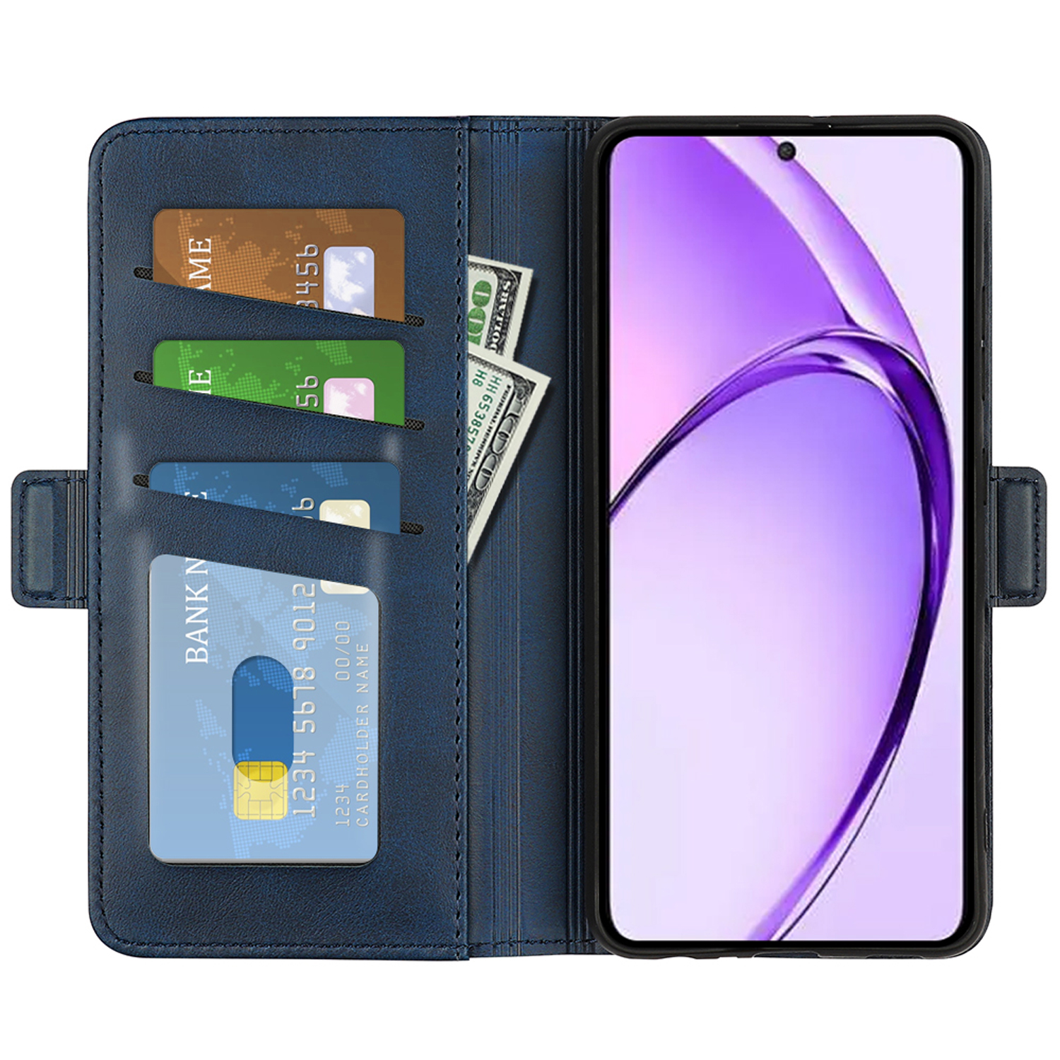 Open blauwe telefoonhoes met creditcards en geld erin, en een telefoon.