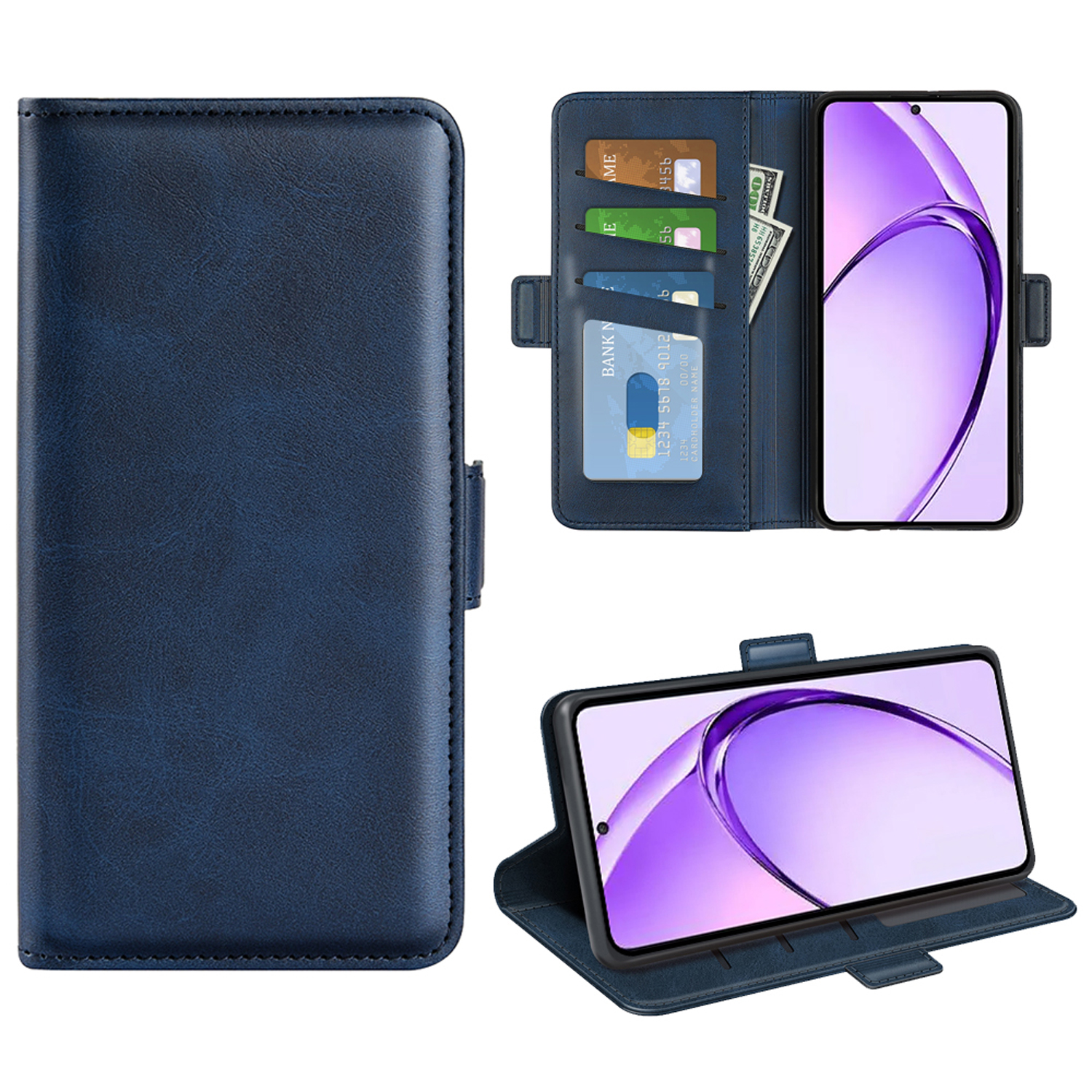 Een blauwe leren telefoonhoes. Open, met kaarten en geld zichtbaar, en telefoon. Een ander beeld van de telefoon in de case.