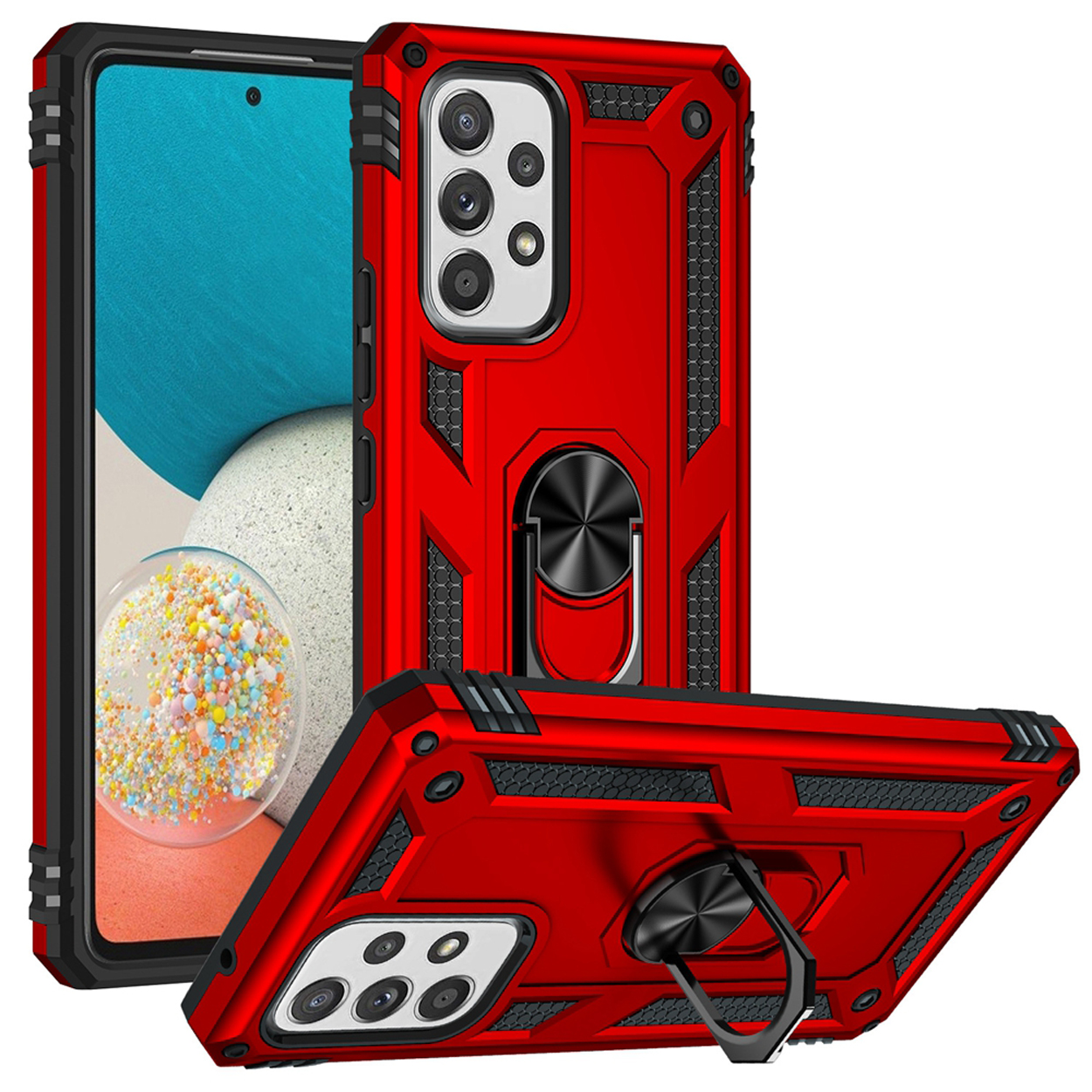 Rode telefoonhoes met een telefoon erin. De hoes heeft een ring om vast te houden en een camera-bumper. Witte achtergrond.