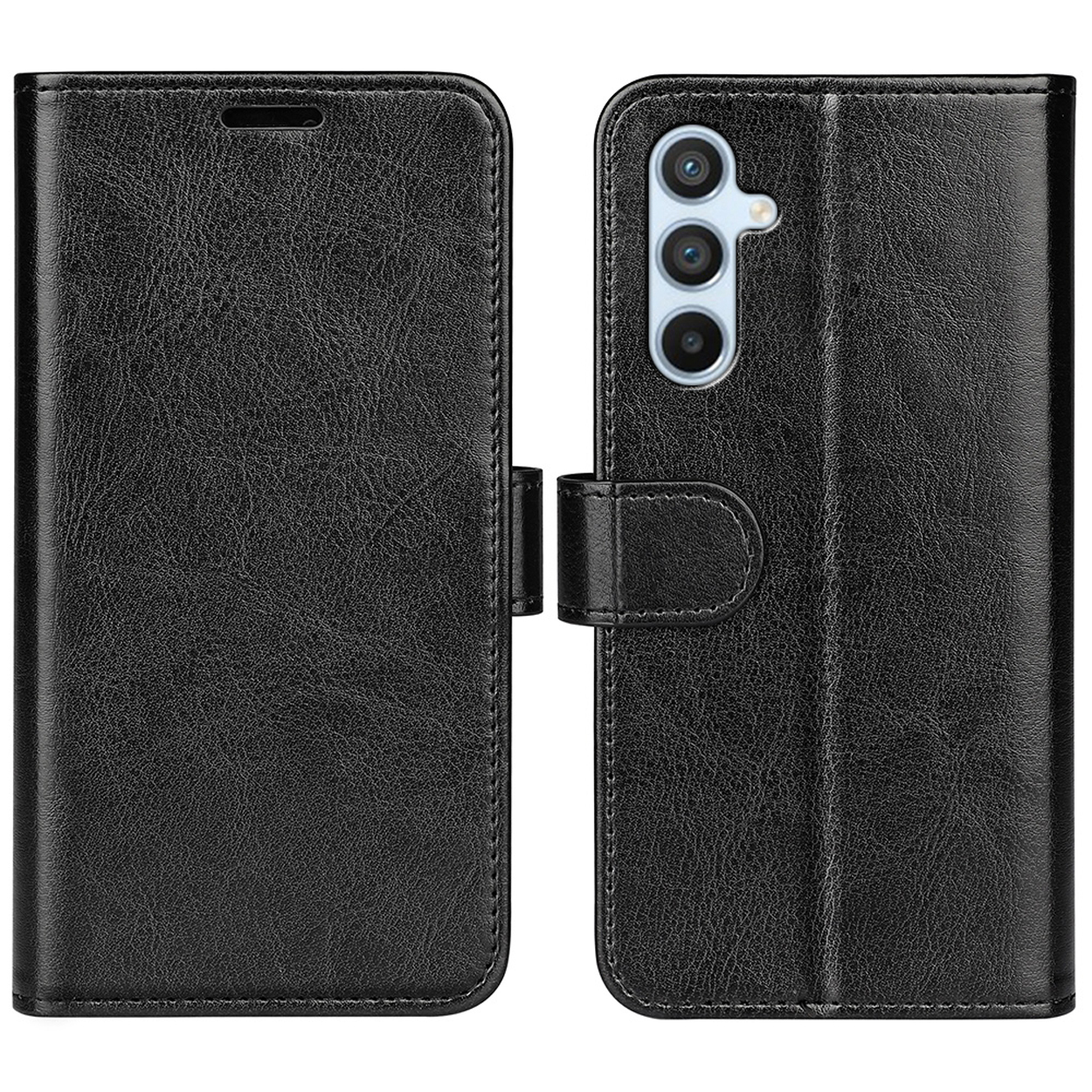 Zwarte leren telefoonhoes, gesloten en open, met camera en telefoon. De hoes heeft een gesp.