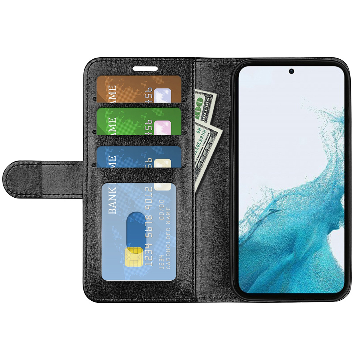 Zwarte telefoonhoes met kaarten, geld en telefoon met een blauwe golfachtergrond.