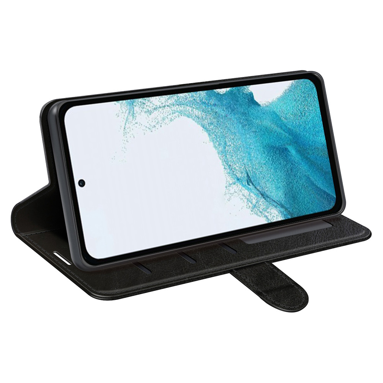 Zwarte portemonnee-hoes open met een telefoon erin. Het scherm van de telefoon is zichtbaar.