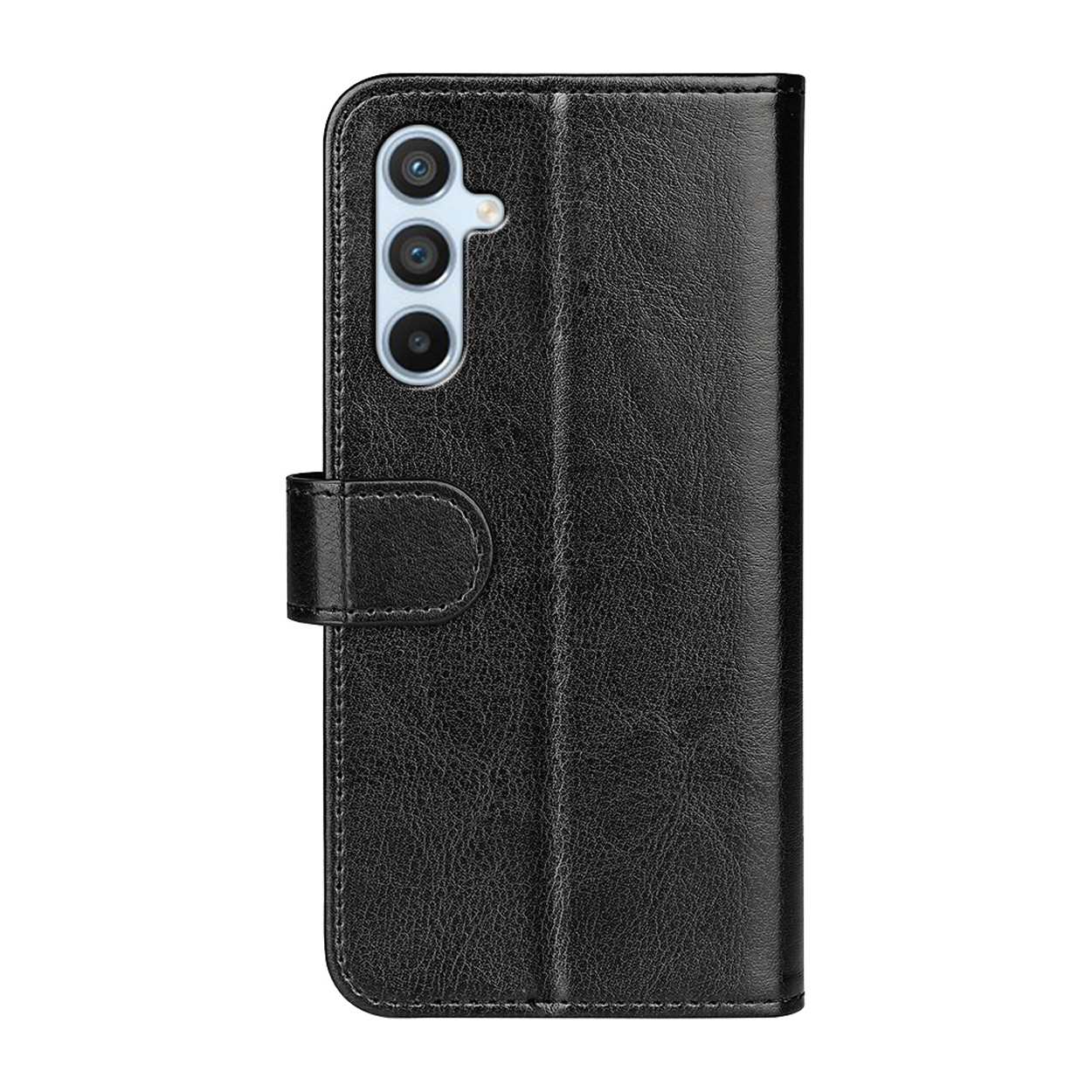Zwarte leren telefoonhoes, gesloten. De hoes heeft een magnetische sluiting. Er zit een camera bovenop.