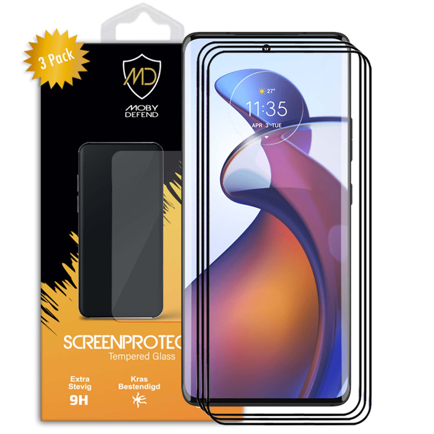 Emballage et verre de protection d'écran. L'emballage indique Screen Protect. Trois protecteurs sont dans la boîte.