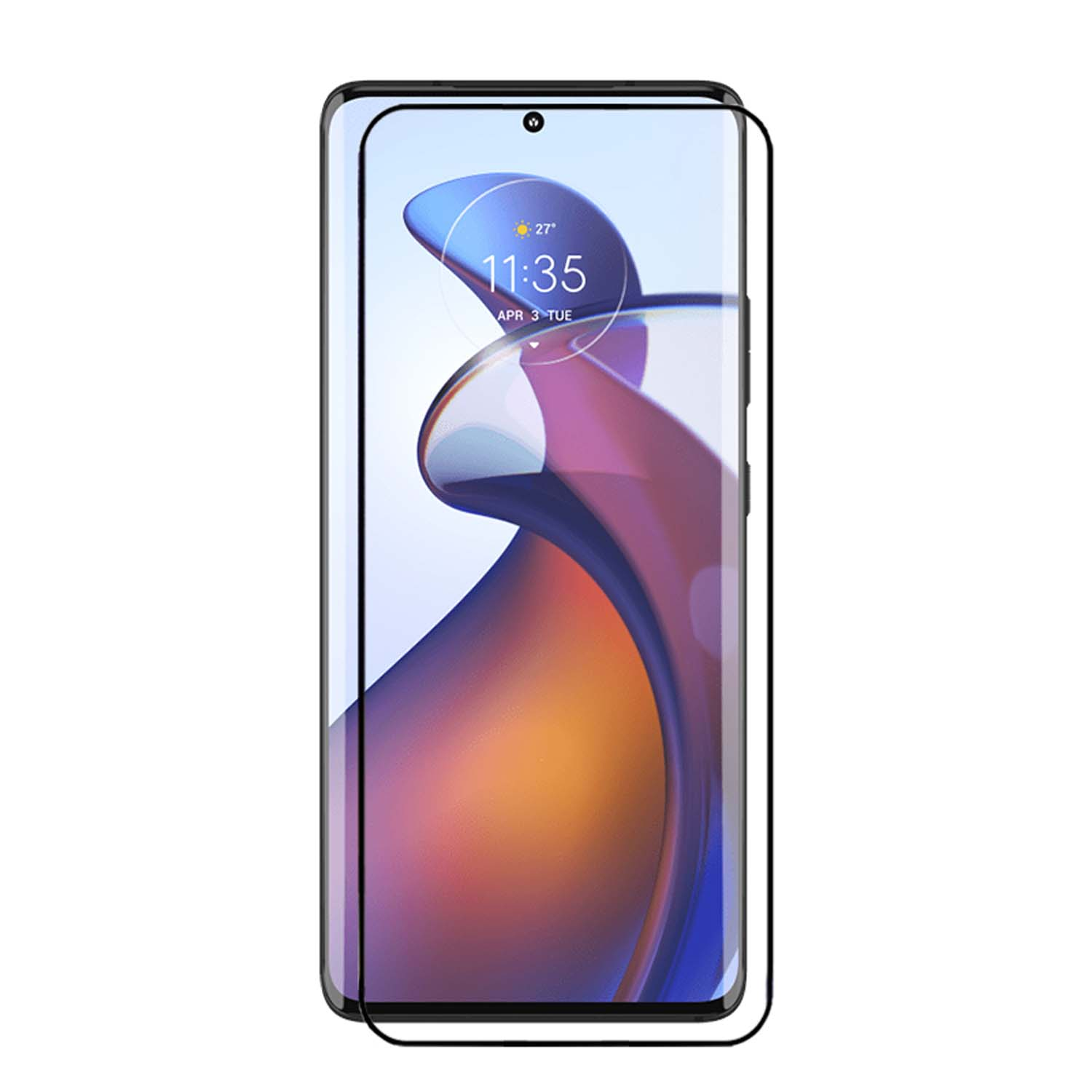 Telefoonschermbeschermer met zwart frame. Toont de tijd op het telefoonscherm.