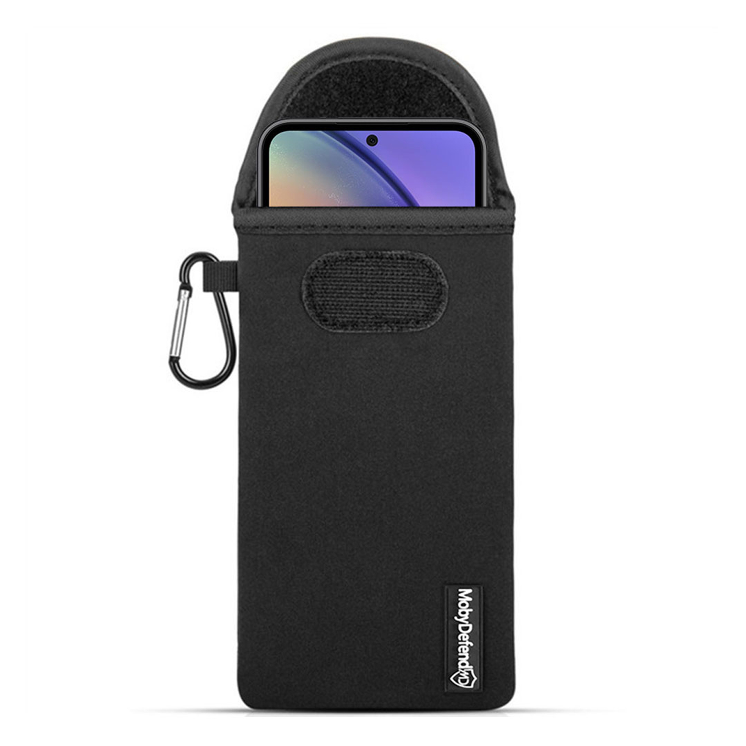 Een zwarte telefoonhoes met een telefoon erin, bevestigd aan een karabijnhaak.