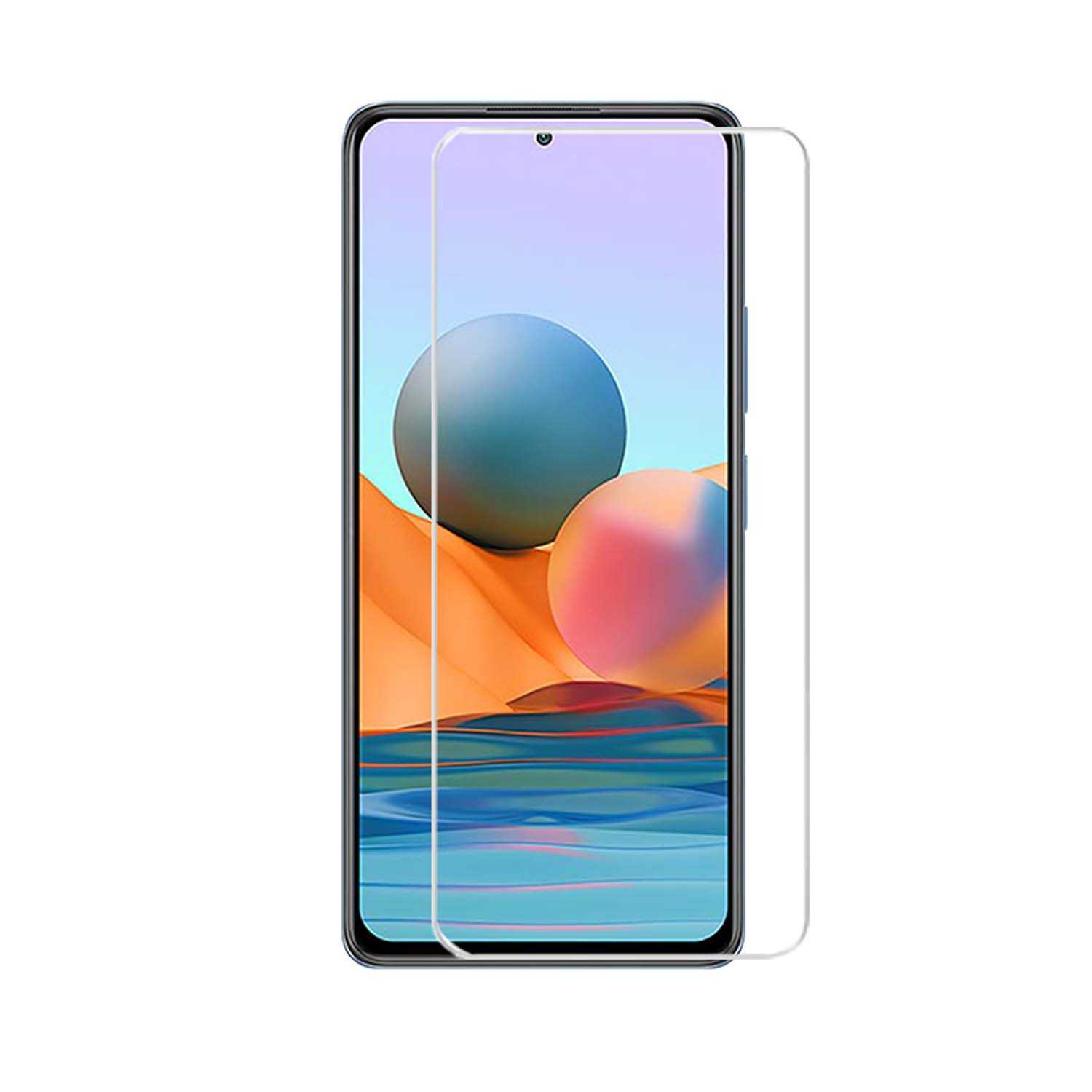 Een smartphone met een screenprotector aangebracht. Het scherm toont een kleurrijke abstracte afbeelding. De protector is helder.
