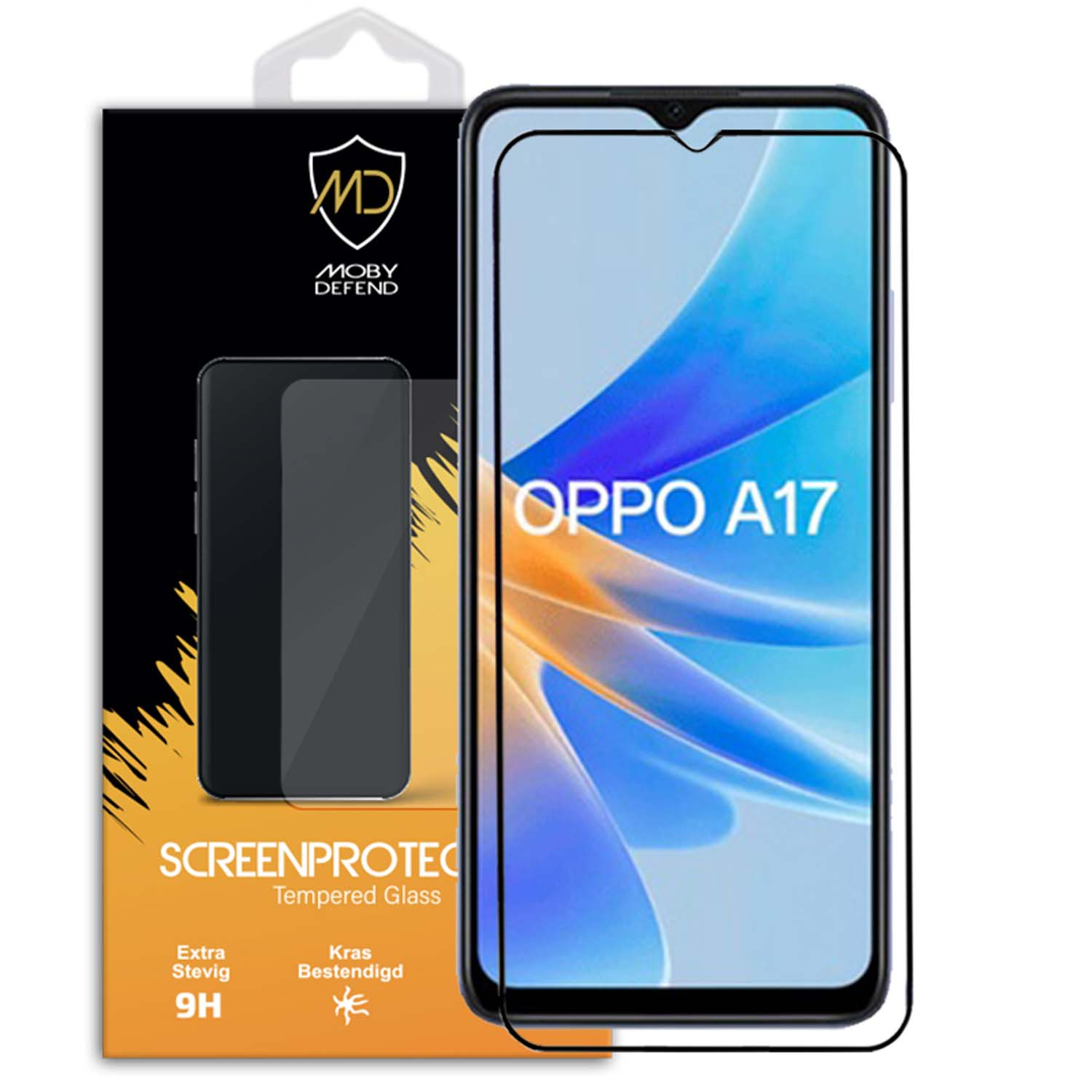 Protecteur d'écran pour Oppo A17. La boîte montre l'écran du téléphone avec un protecteur et le produit.