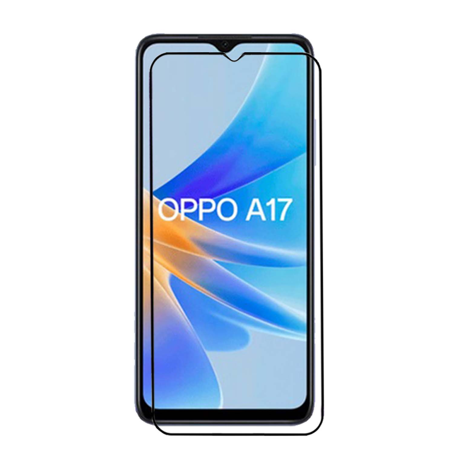 Un smartphone avec un protecteur d'écran. Le téléphone affiche le texte OPPO A17. Le protecteur est appliqué.