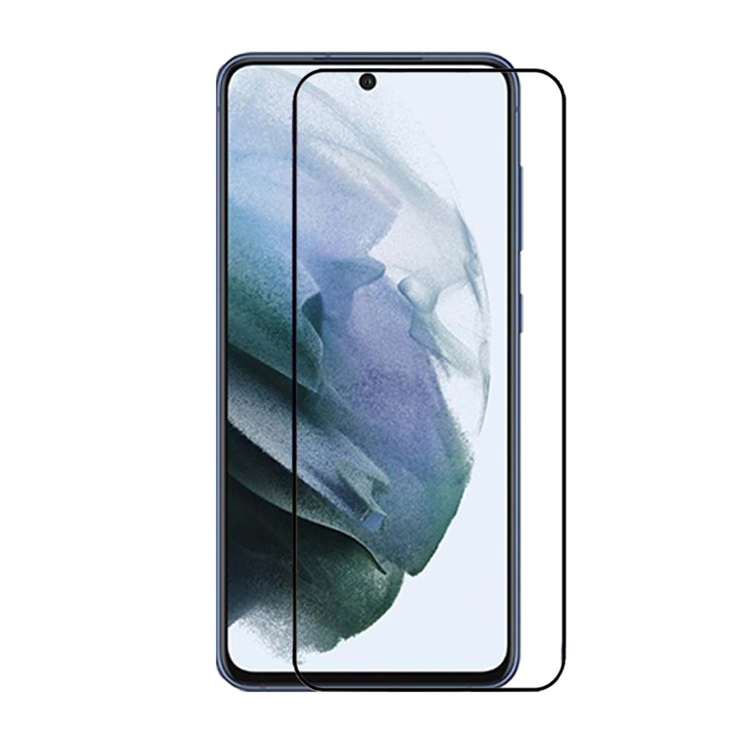 Téléphone avec protecteur d'écran appliqué. Un cadre noir entoure l'écran. L'affichage est allumé.