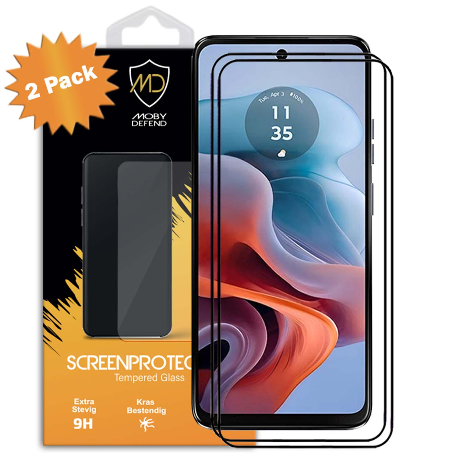 Telefoon met twee screenprotectors. Er is een doos met een logo en tekst. De telefoon toont een klok.