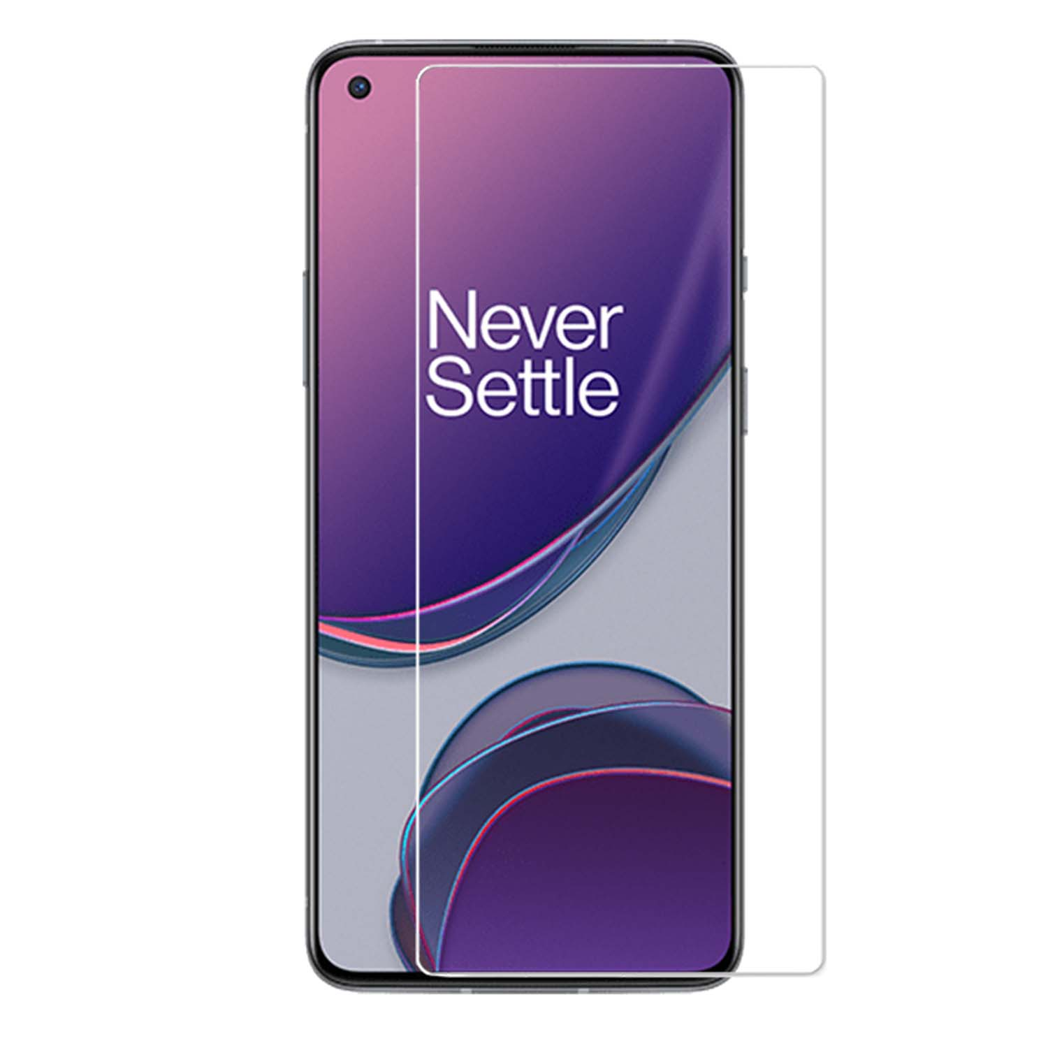 Een smartphone met een schermbeschermer. Het scherm heeft een paars ontwerp en de tekst 'Never Settle'. Witte achtergrond.