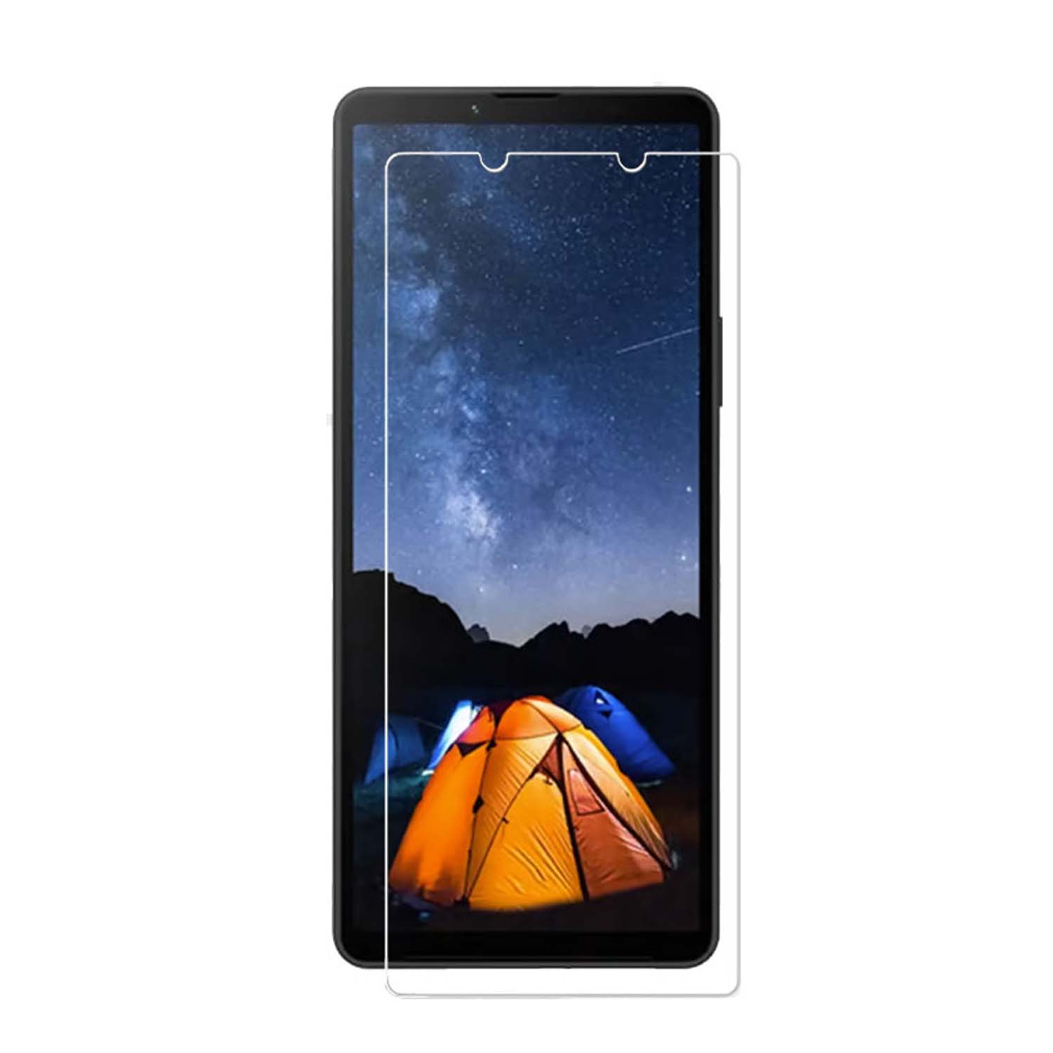 Téléphone avec protecteur d'écran, montrant un ciel nocturne avec des tentes.