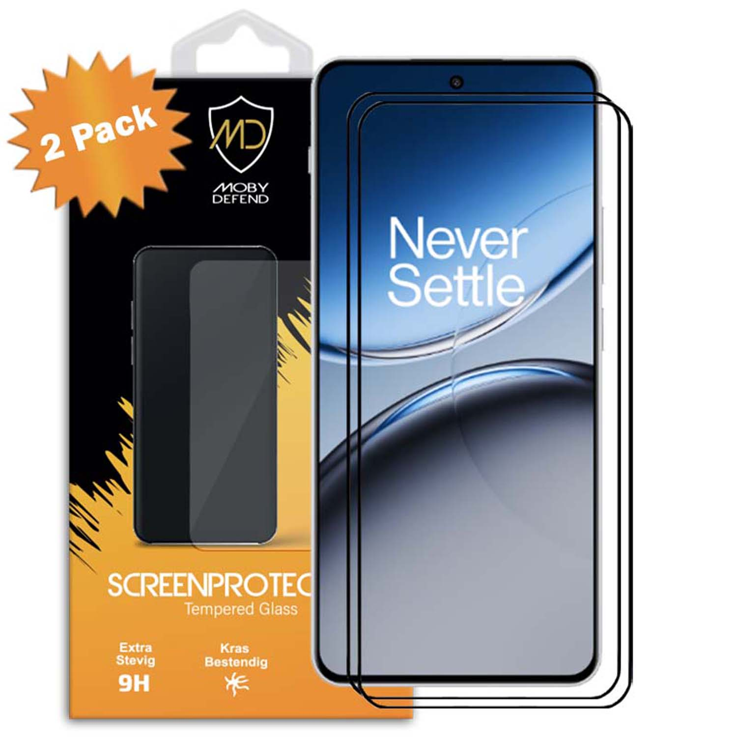 Un protecteur d'écran pour un téléphone avec « Never Settle » sur l'écran, emballé avec un autocollant « Lot de 2 ».