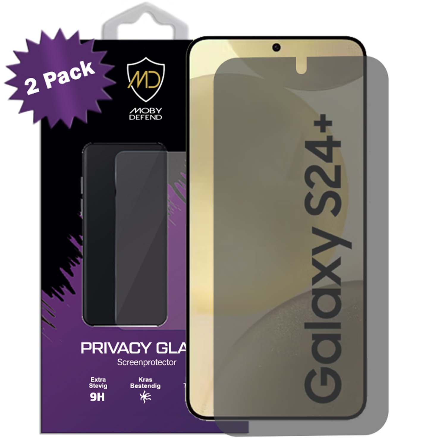 Boîte avec protection d'écran de confidentialité pour Galaxy S24+ et le téléphone.
