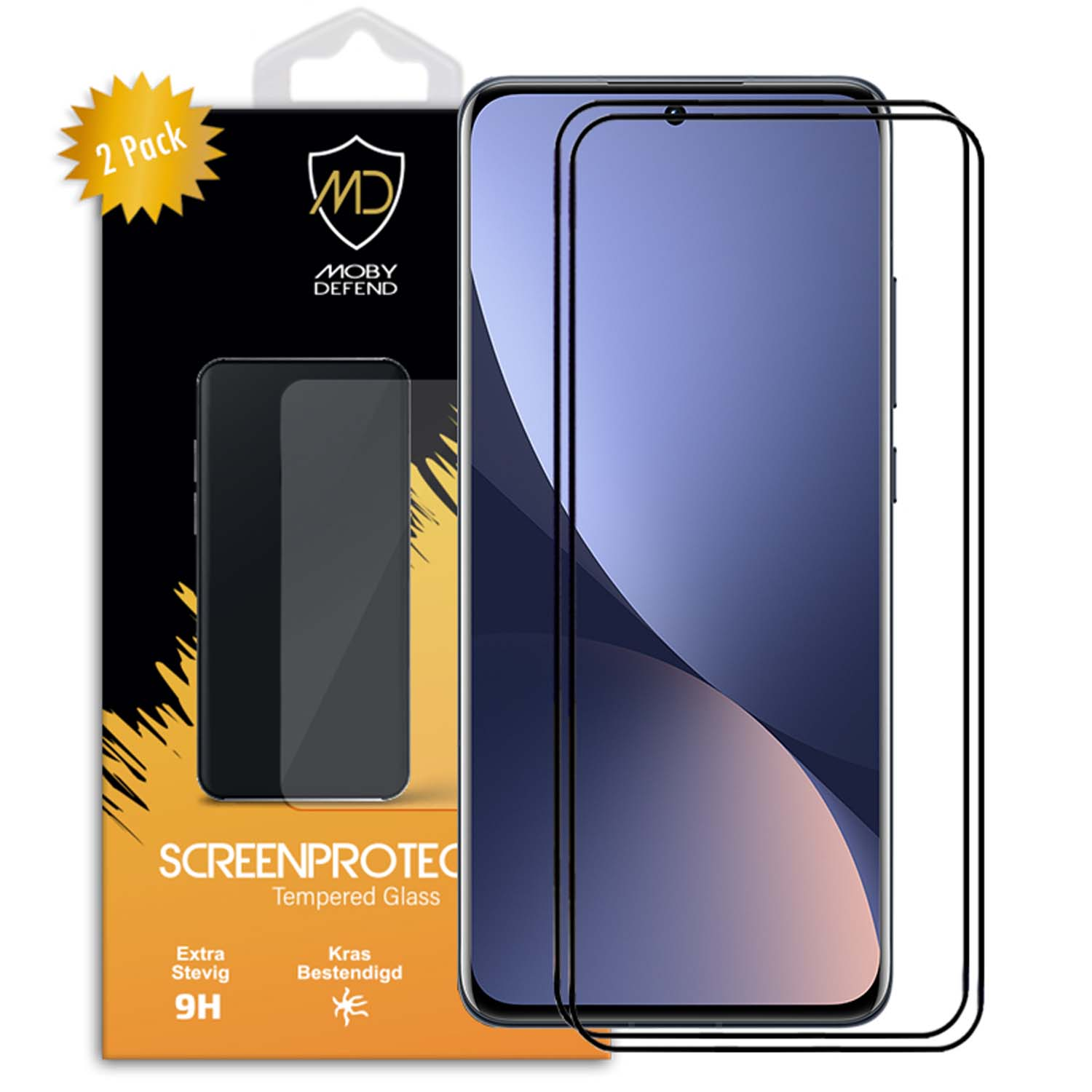Un téléphone avec un protecteur d'écran. L'écran affiche un arrière-plan violet. L'emballage indique 2 Pack.