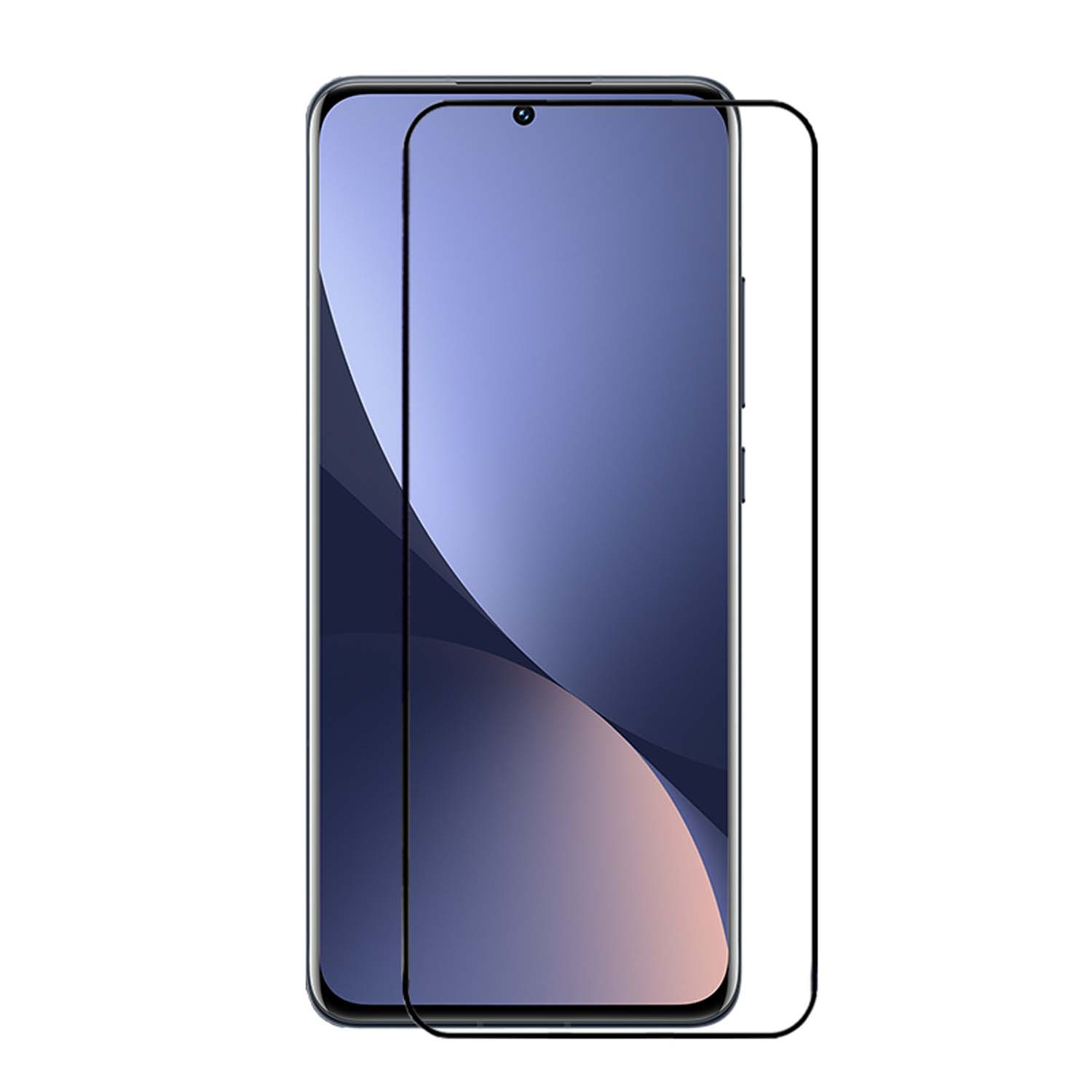 Un téléphone noir avec un protecteur d'écran. L'écran affiche un fond abstrait violet et bleu.