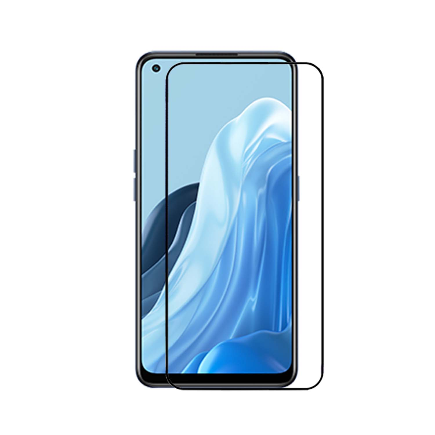 Téléphone avec protecteur d'écran, montrant un fond abstrait bleu et blanc.