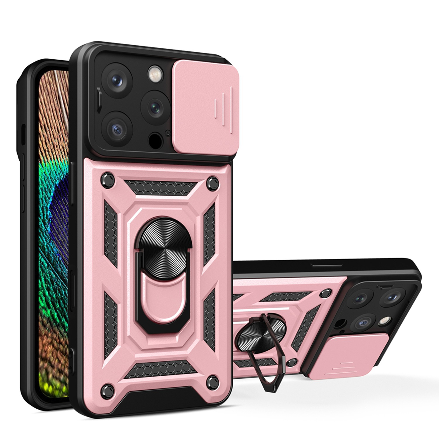 Roze telefoonhoesje met een camera cover en een ringhouder.