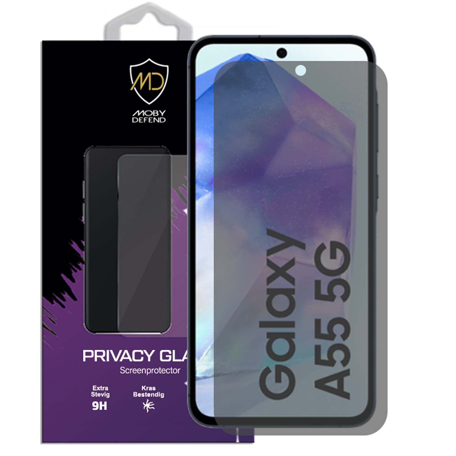 Verpakking van privacy glazen schermbeschermer. De schermbeschermer zit op de telefoon.
