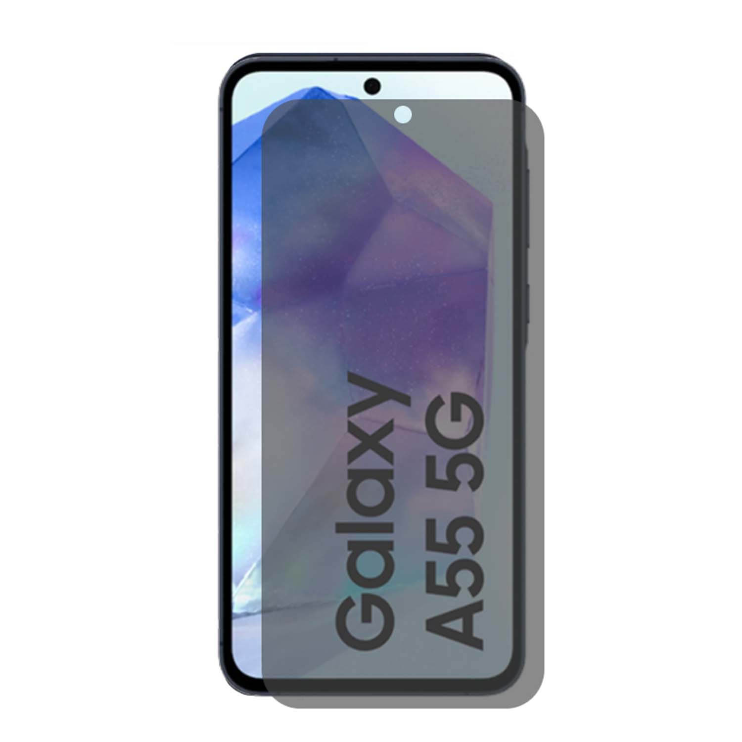 Telefoon met schermbeschermer. Het scherm toont een grijze abstracte vorm, Galaxy A55 5G tekst.