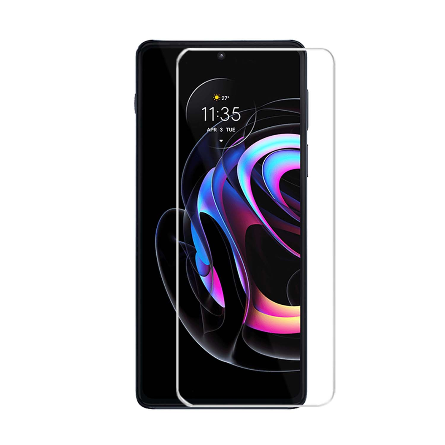 Smartphone met schermbeschermer. Scherm toont tijd en kleurrijk abstract ontwerp. Zwart frame, witte achtergrond.
