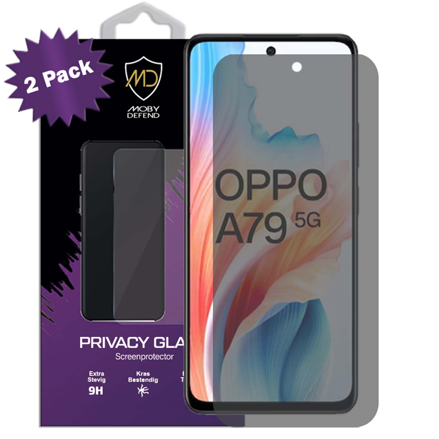 Een telefoon met een schermbeschermer, en een verpakking met de tekst 2 Pack. De telefoon heeft het OPPO-logo.