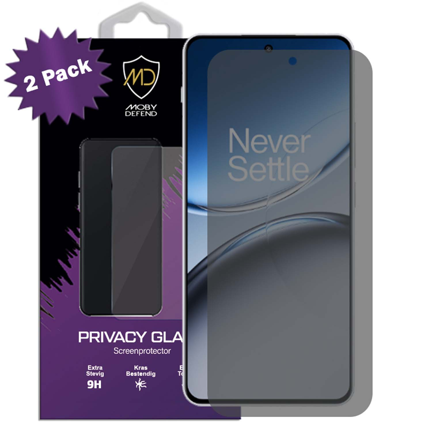 Protecteur d'écran en verre de confidentialité Moby Defend noir et violet.