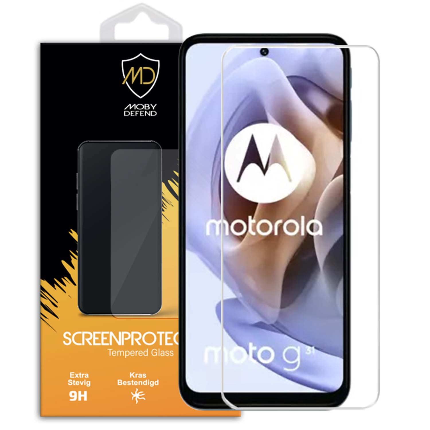 Paquet de protecteur d'écran et smartphone avec protecteur appliqué, affichant une interface moderne.